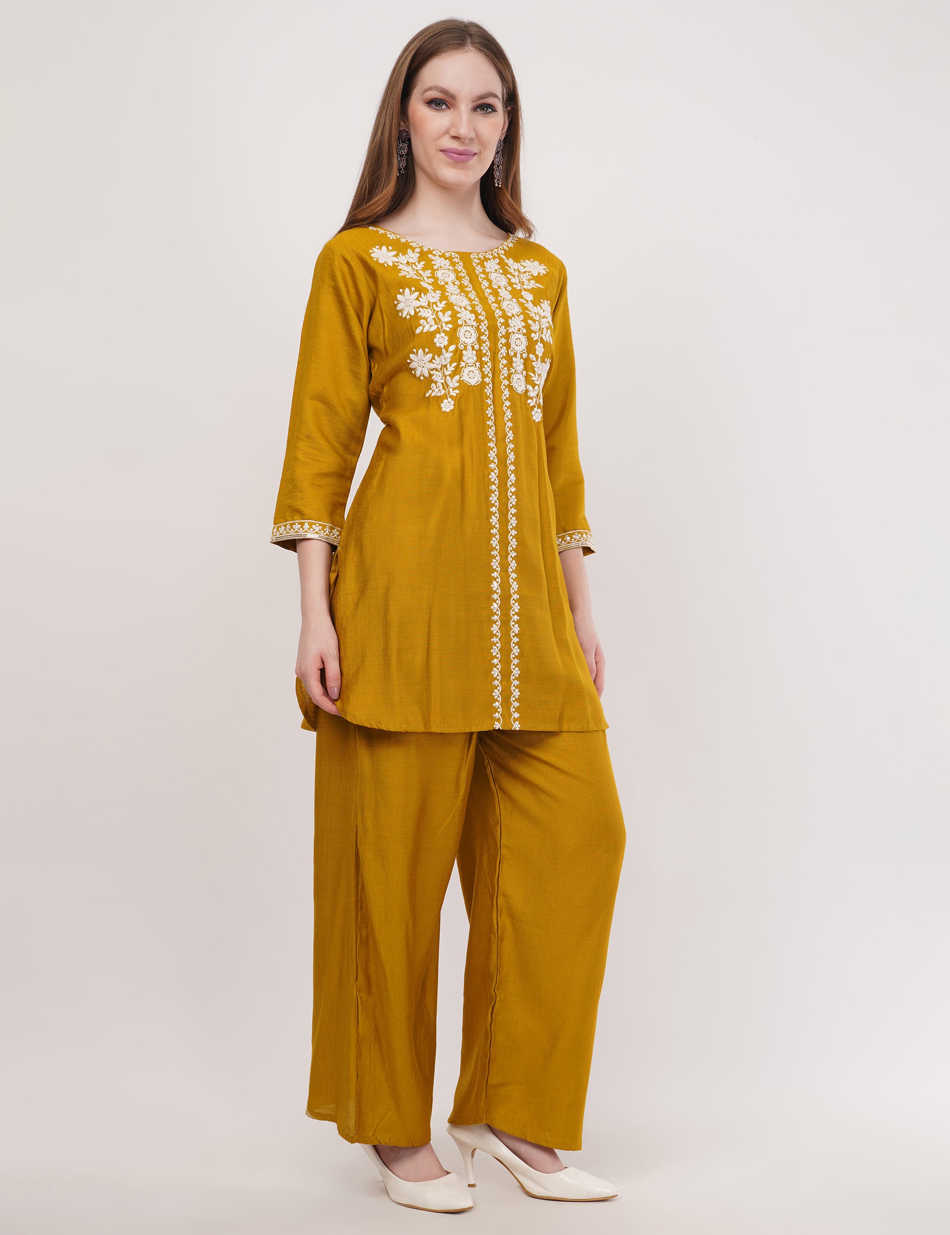 Mustard Ethnic Co-Ord Set With White Embroidery - Set Of 2