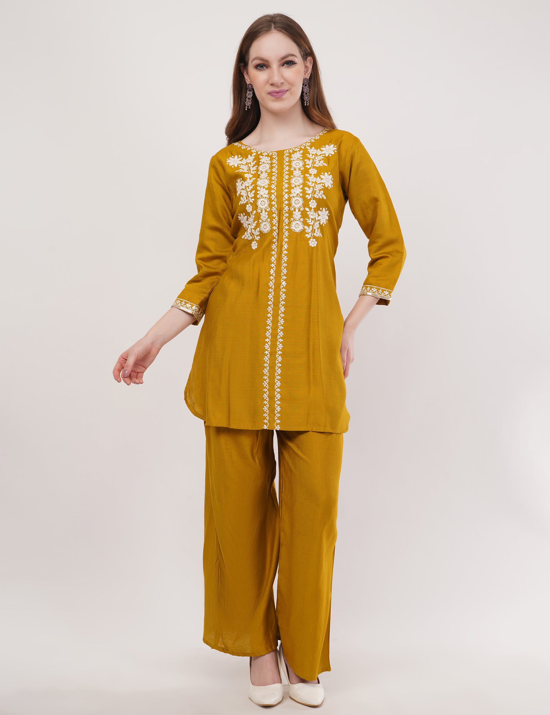 Mustard Ethnic Co-Ord Set With White Embroidery - Set Of 2