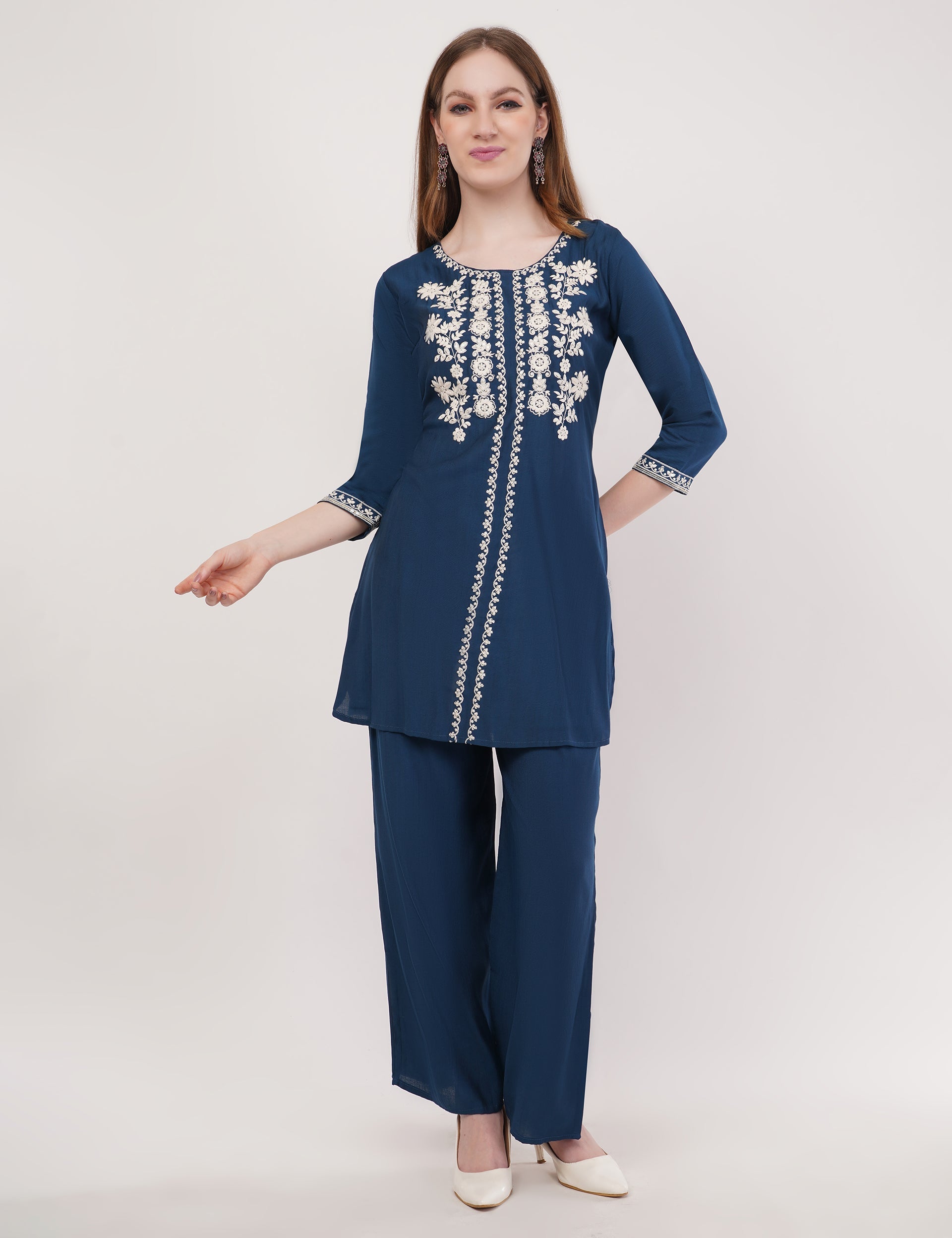 Navy Blue Ethnic Co-Ord Set With White Embroidery - Set Of 2