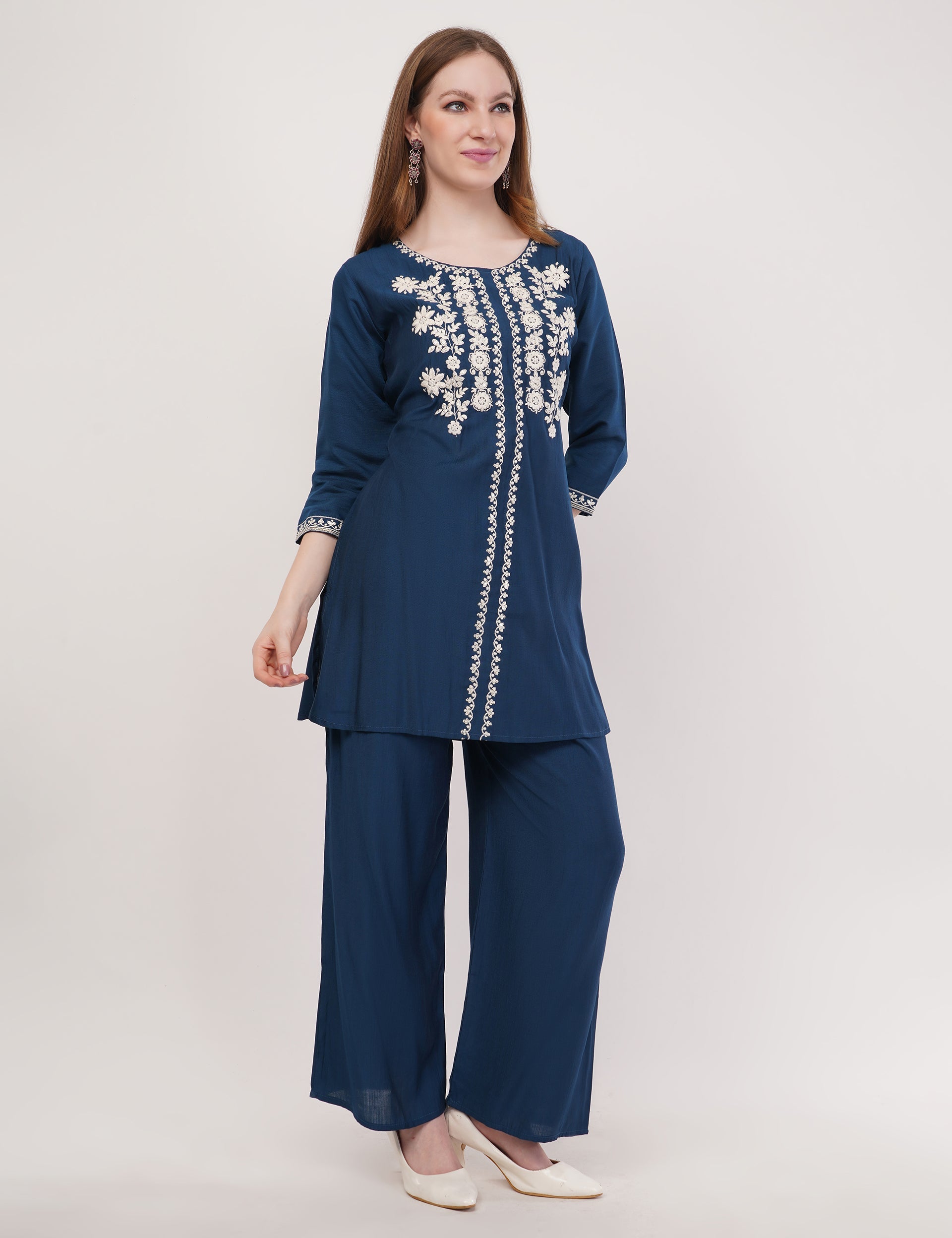 Navy Blue Ethnic Co-Ord Set With White Embroidery - Set Of 2