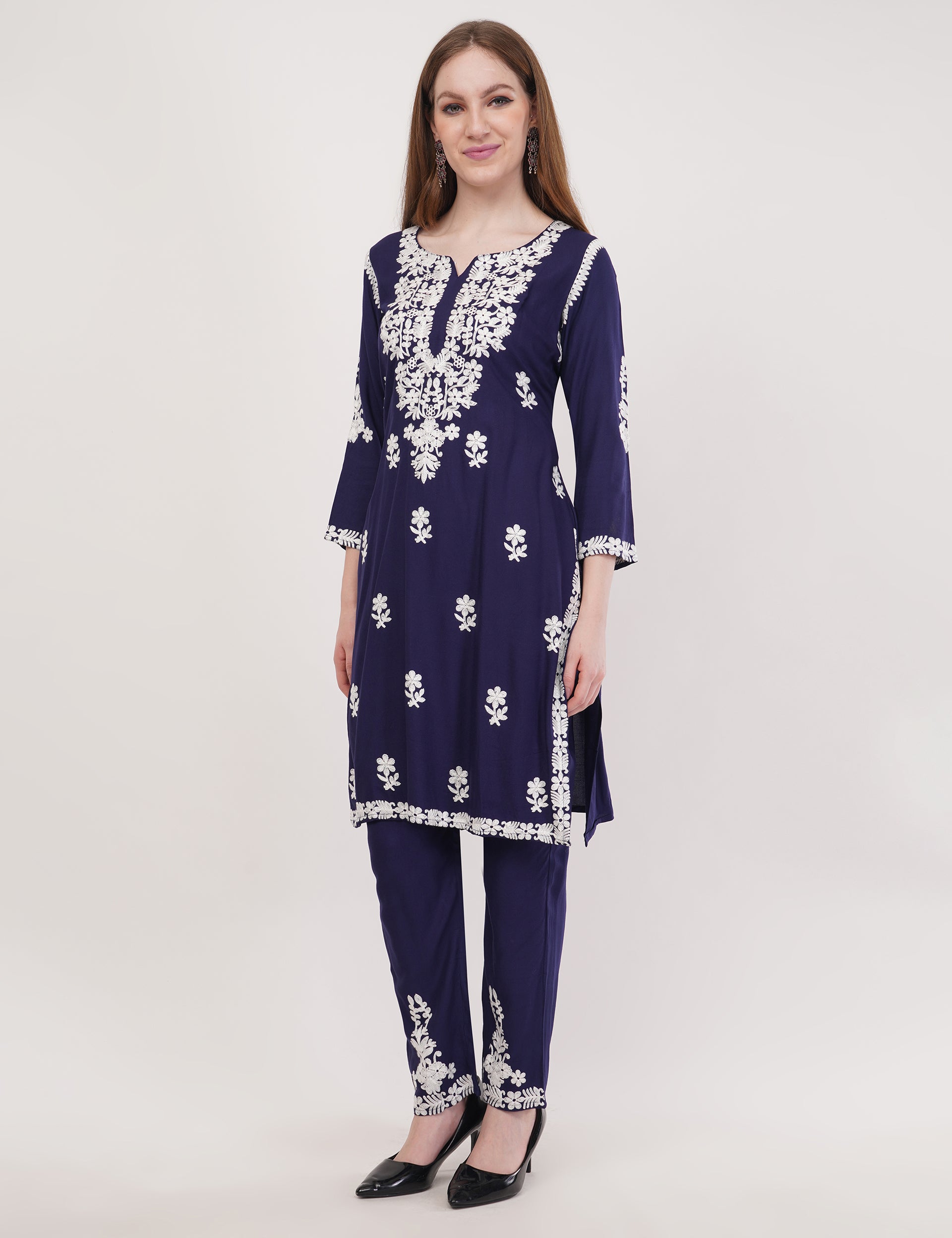 Navy Blue Ethnic Kurti Co-Ord Set With White Embroidery - Set Of 3