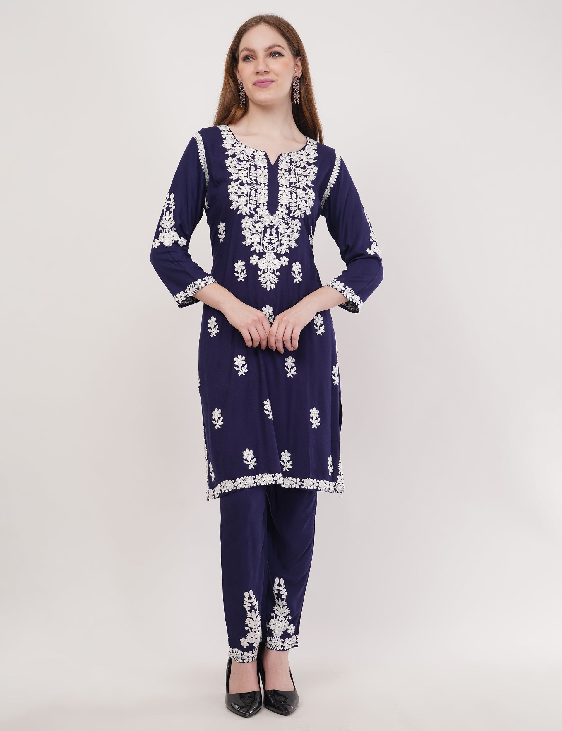 Navy Blue Ethnic Kurti Co-Ord Set With White Embroidery - Set Of 2