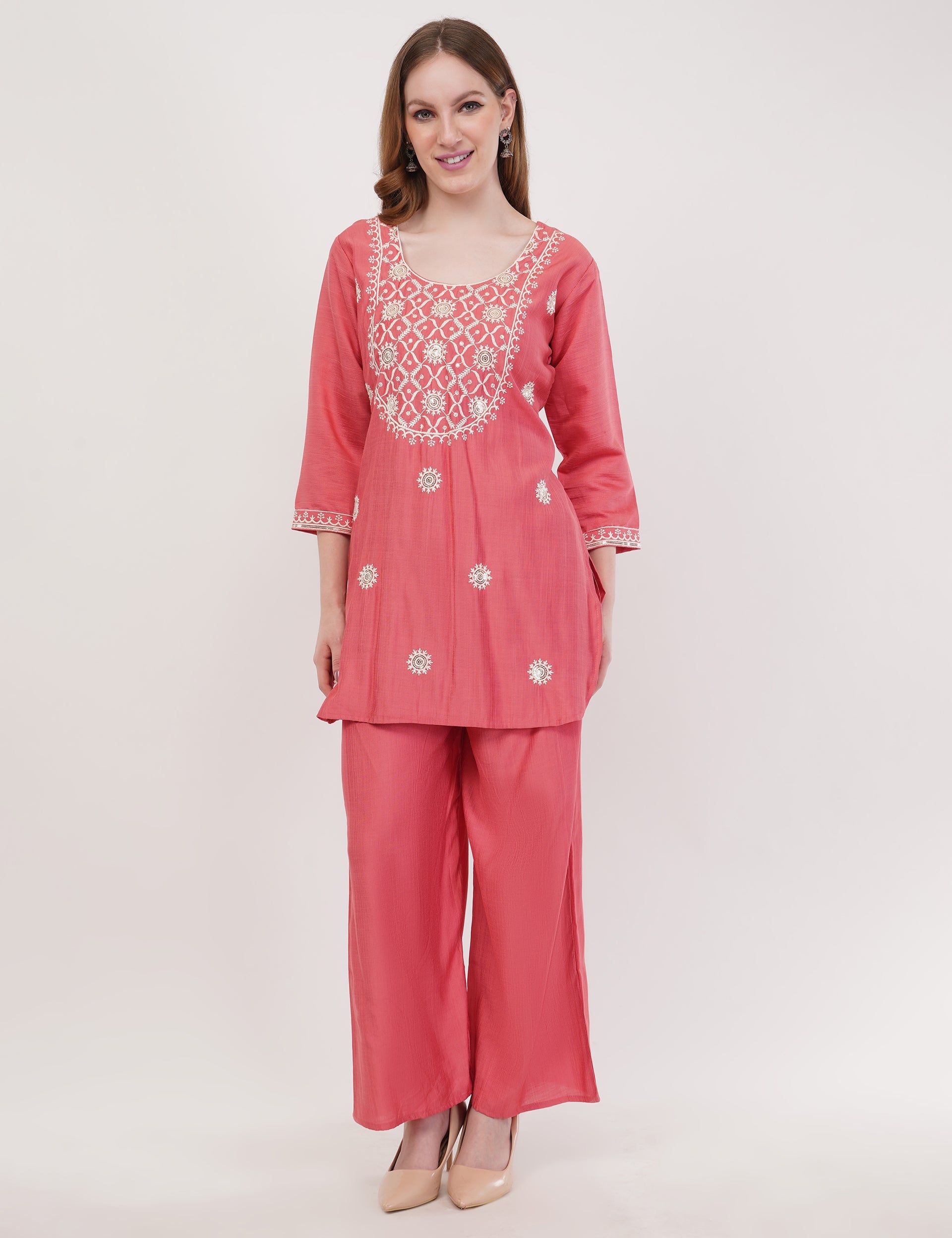 Pink Ethnic Co-Ord Set With White Embroidery - Set Of 2