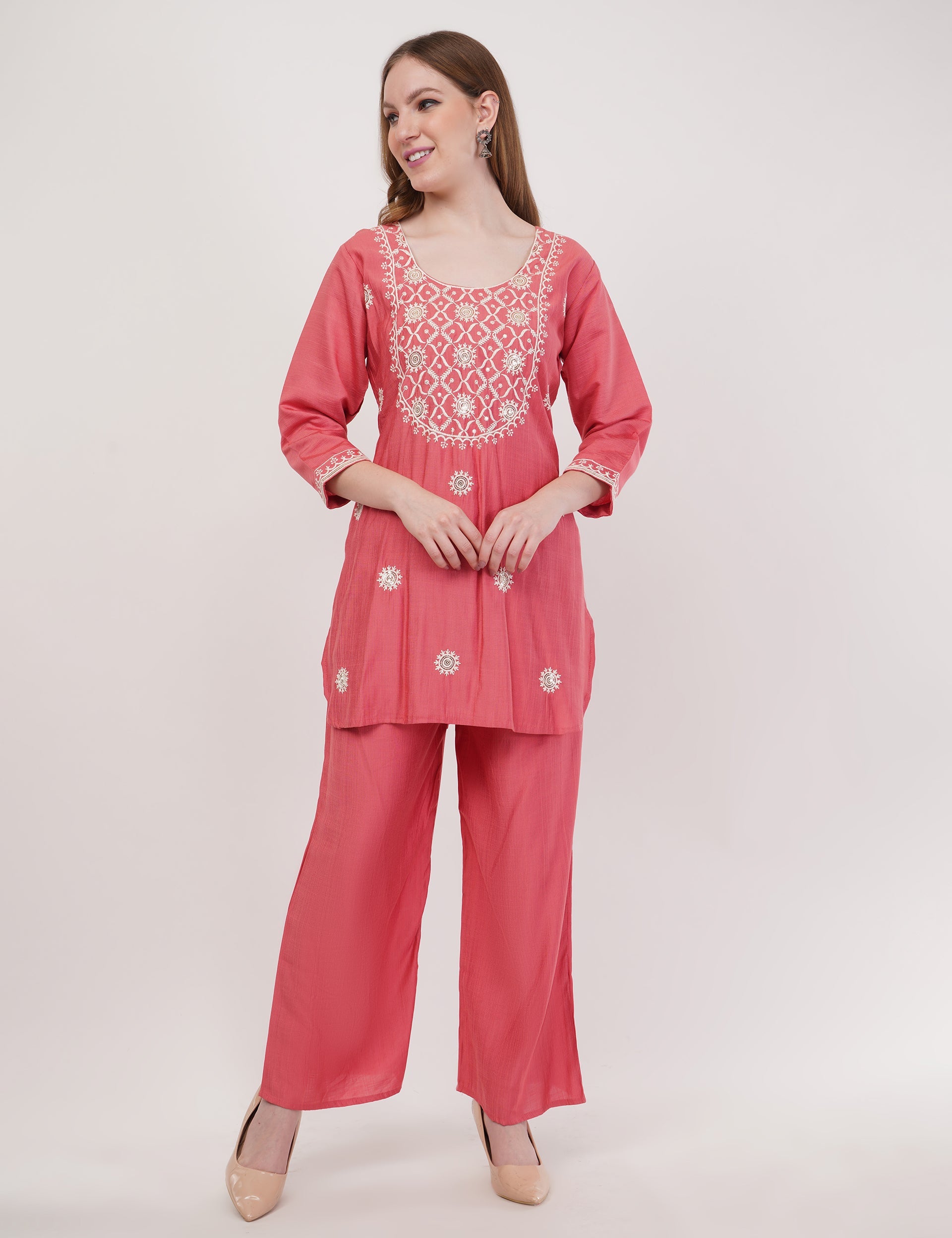 Pink Ethnic Co-Ord Set With White Embroidery - Set Of 2