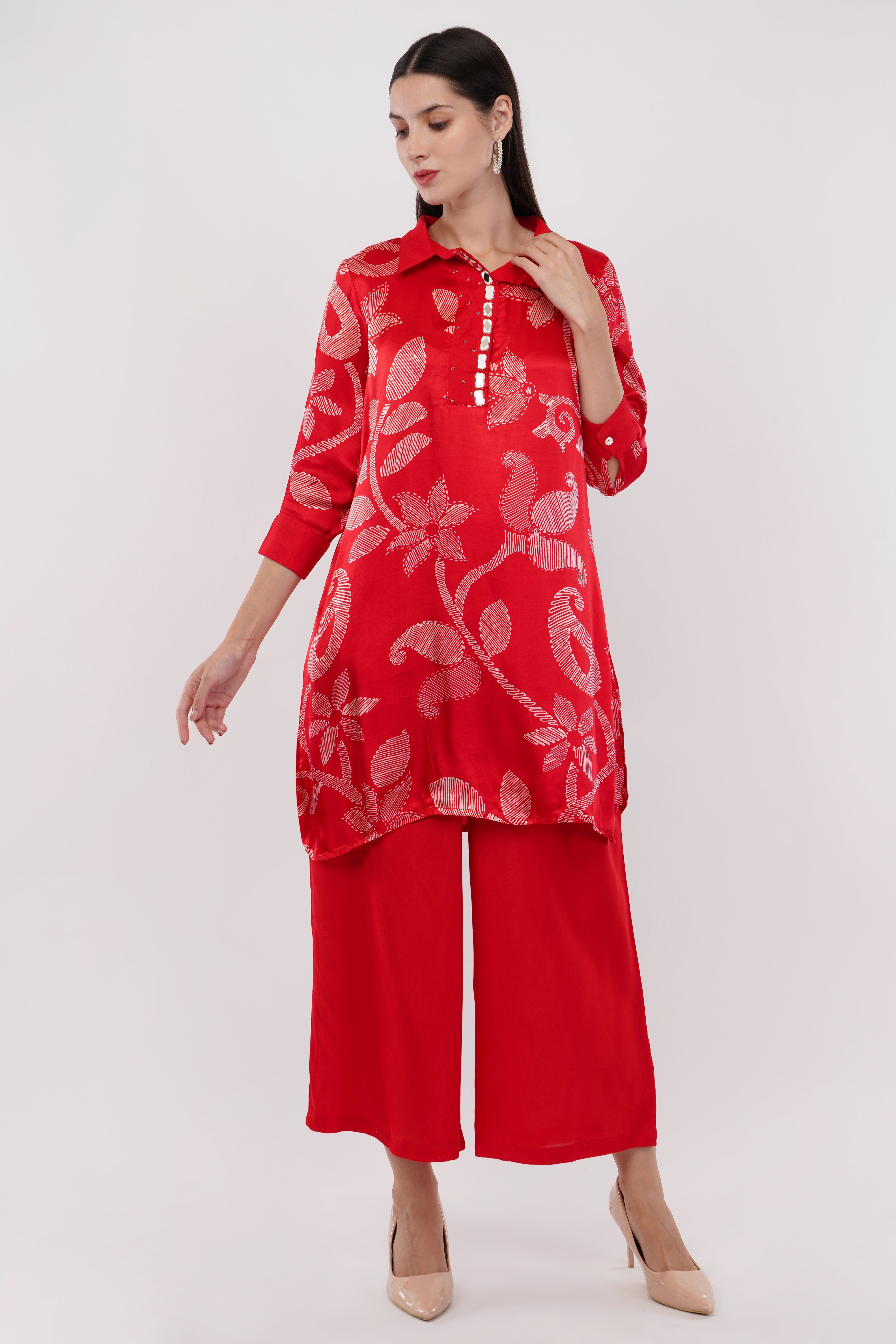 Red Gaji Silk Printed Shirt Co-Ord Set - Set Of 2