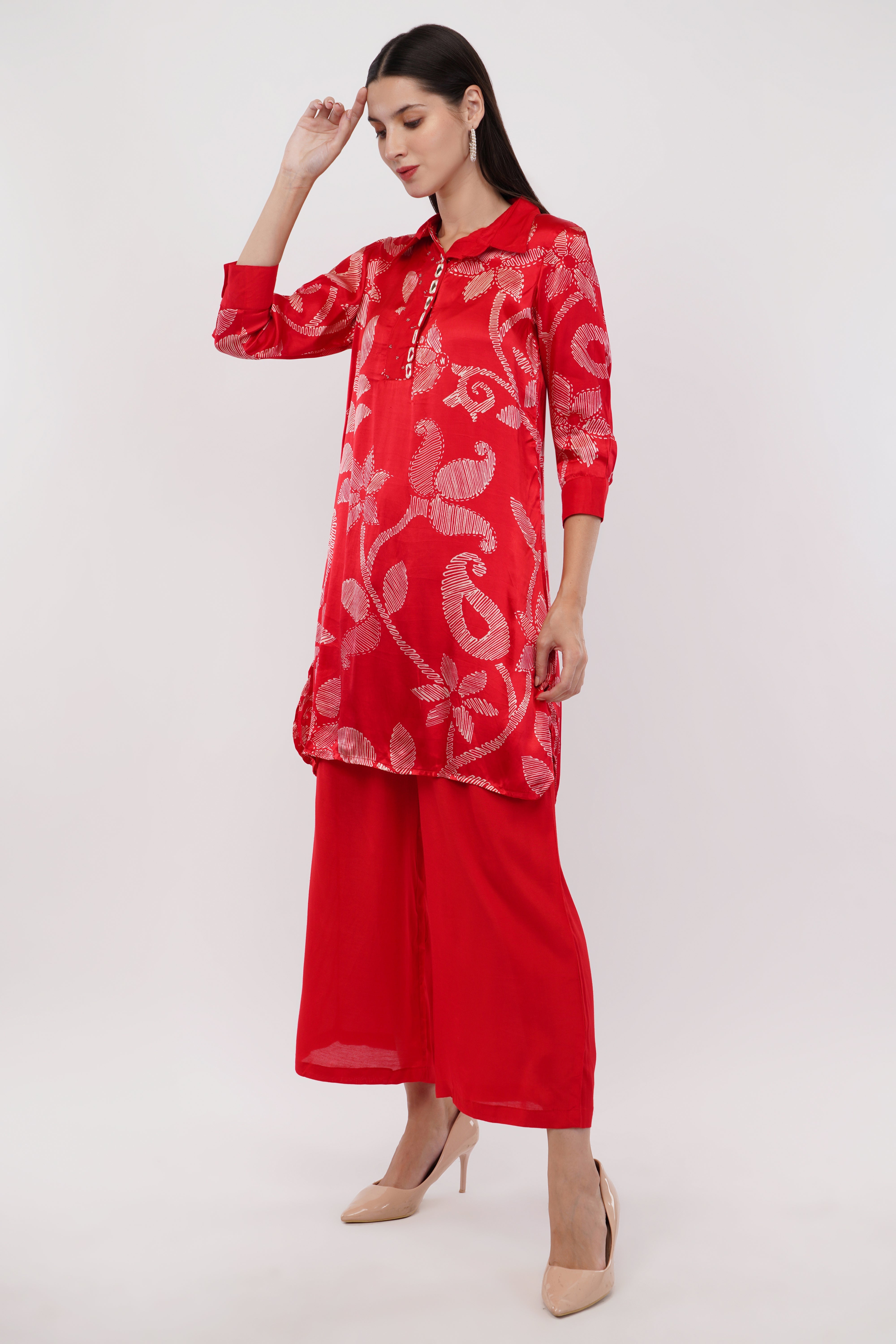 Red Gaji Silk Printed Shirt Co-Ord Set - Set Of 2