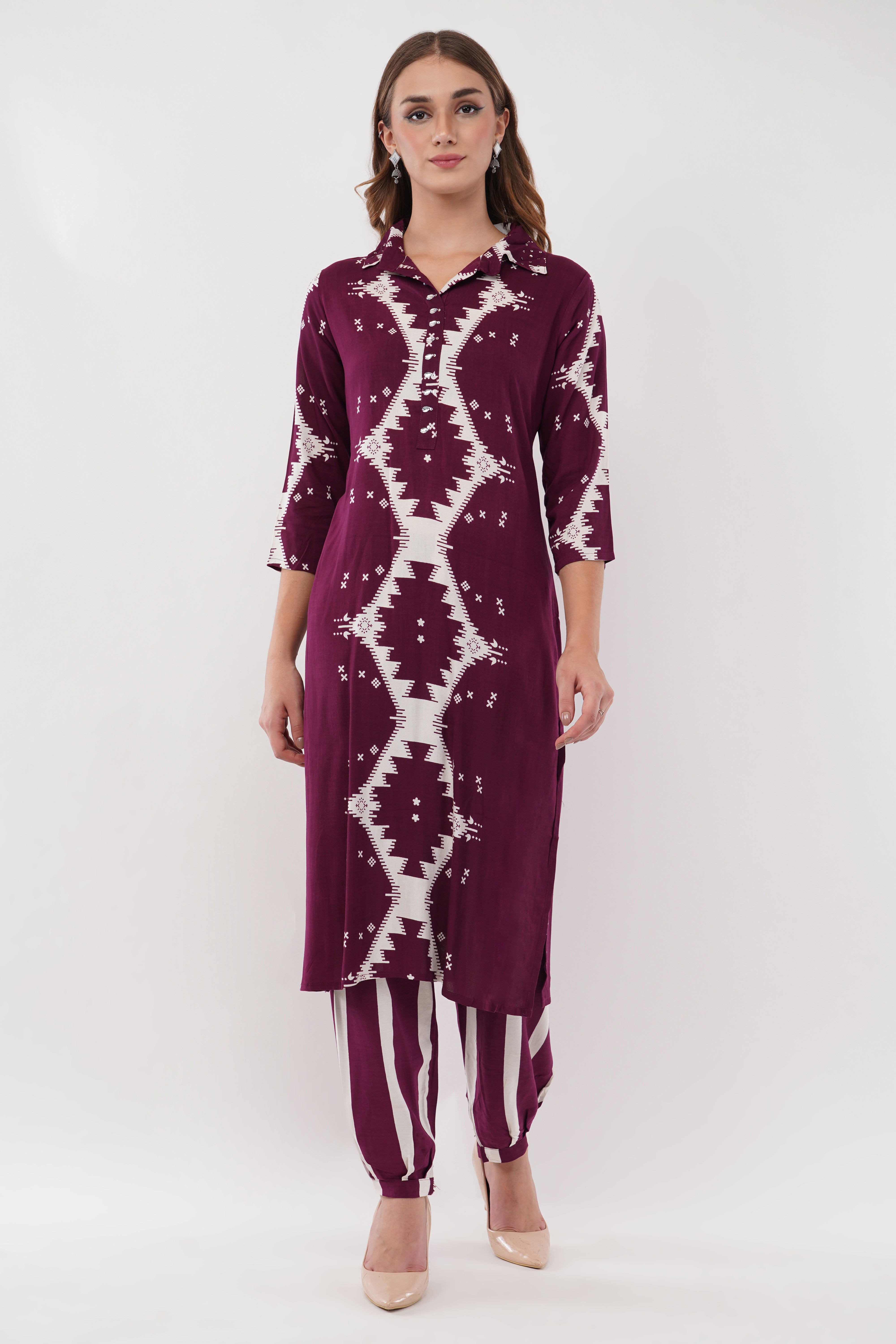 Abstract Print Ethnic Wine Co-Ord Set With Embroidered Neck Placket - Set Of 2