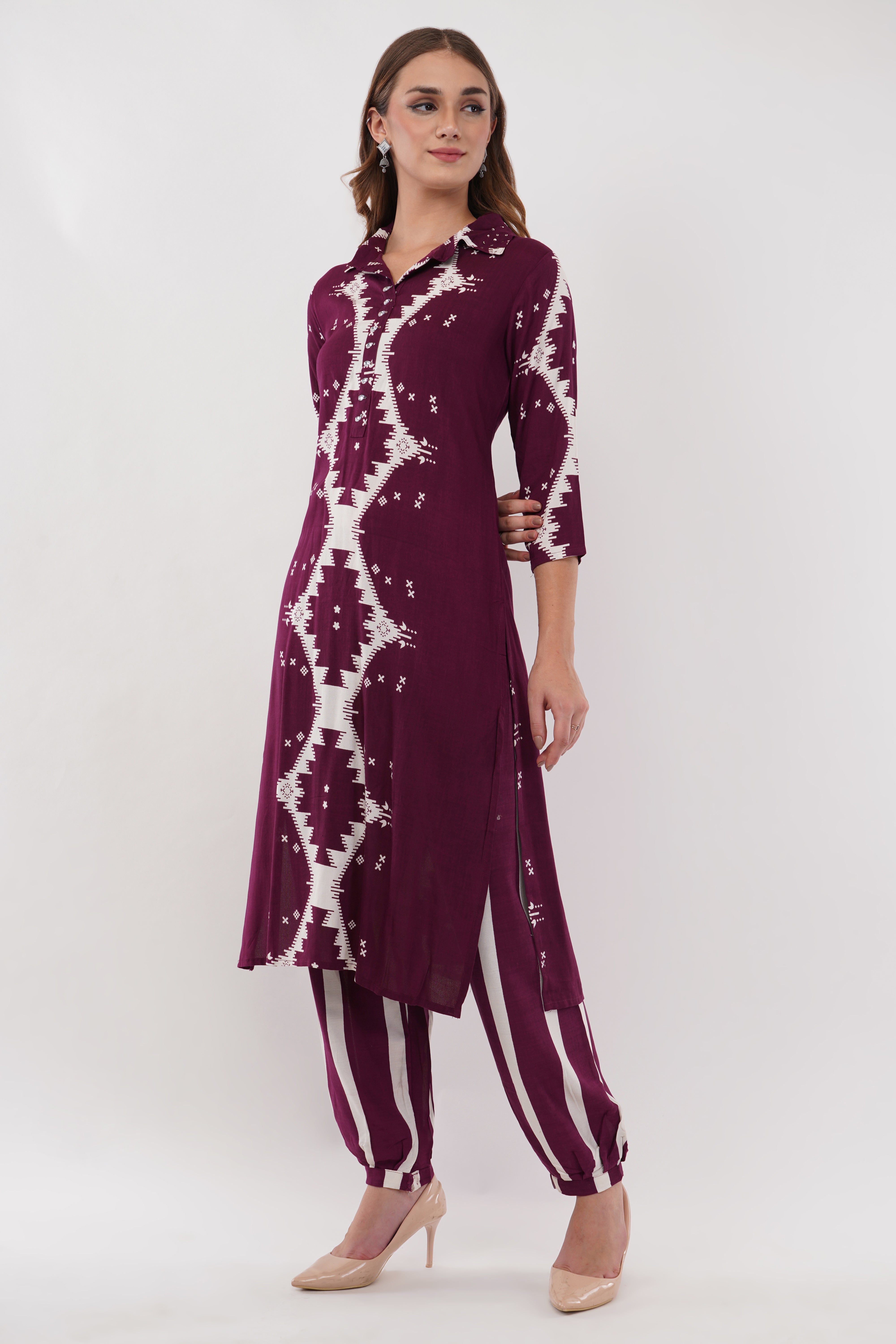 Abstract Print Ethnic Wine Co-Ord Set With Embroidered Neck Placket - Set Of 2