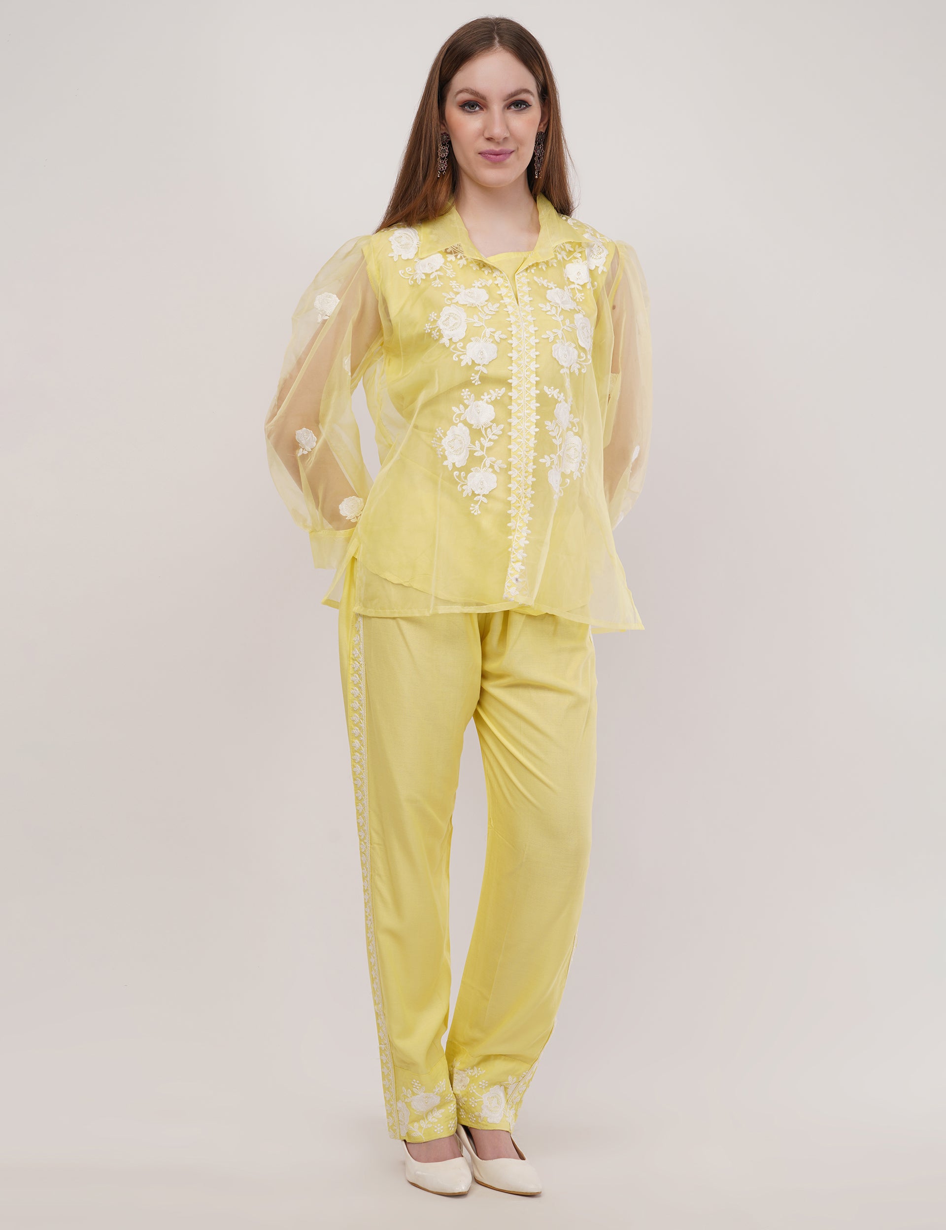 Yellow Embroidered Organza Co-Ord Set - Set Of 2