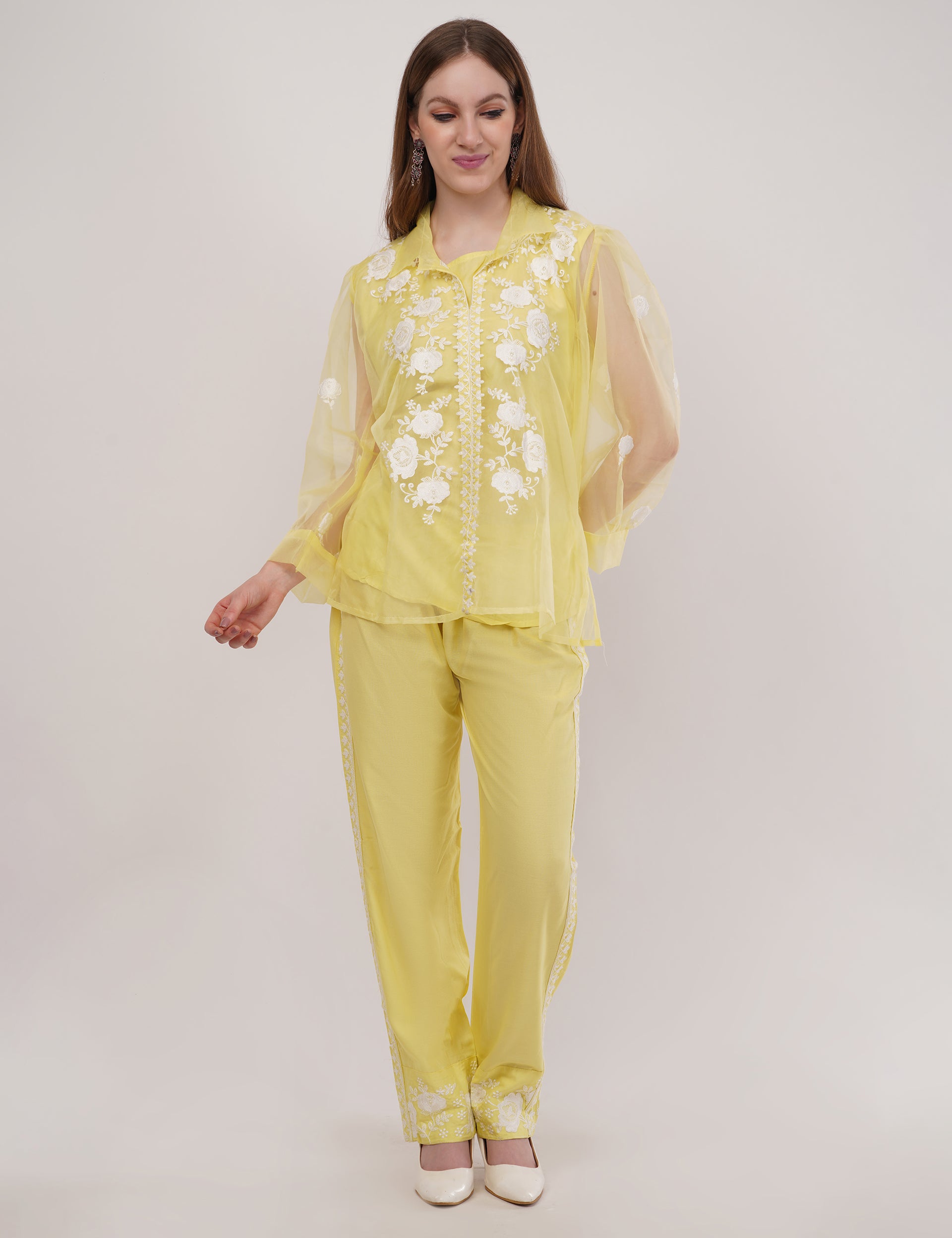 Yellow Embroidered Organza Co-Ord Set - Set Of 3