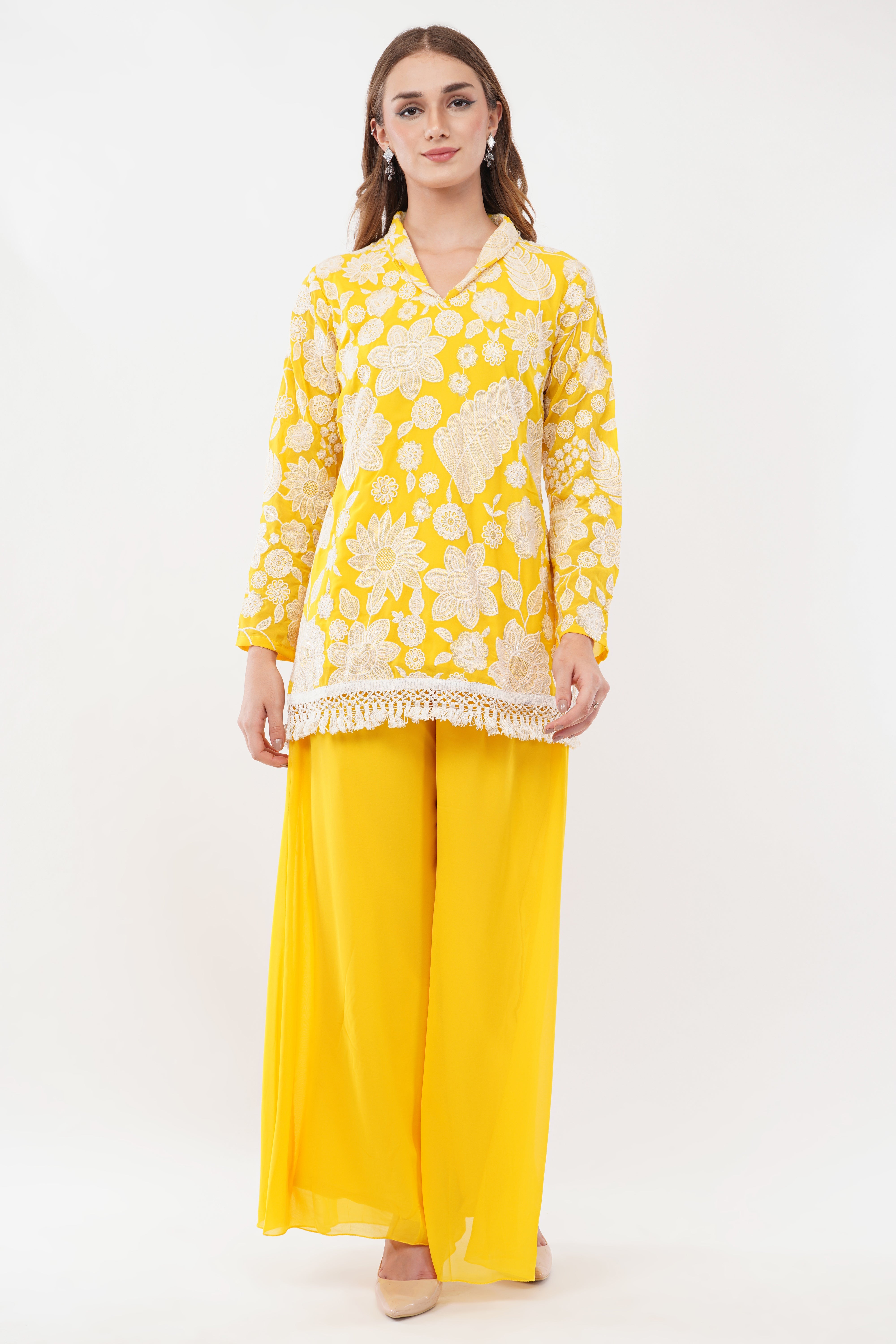 Yellow Embroidered Co-Ord Set With Contrasting Work - Set Of 3