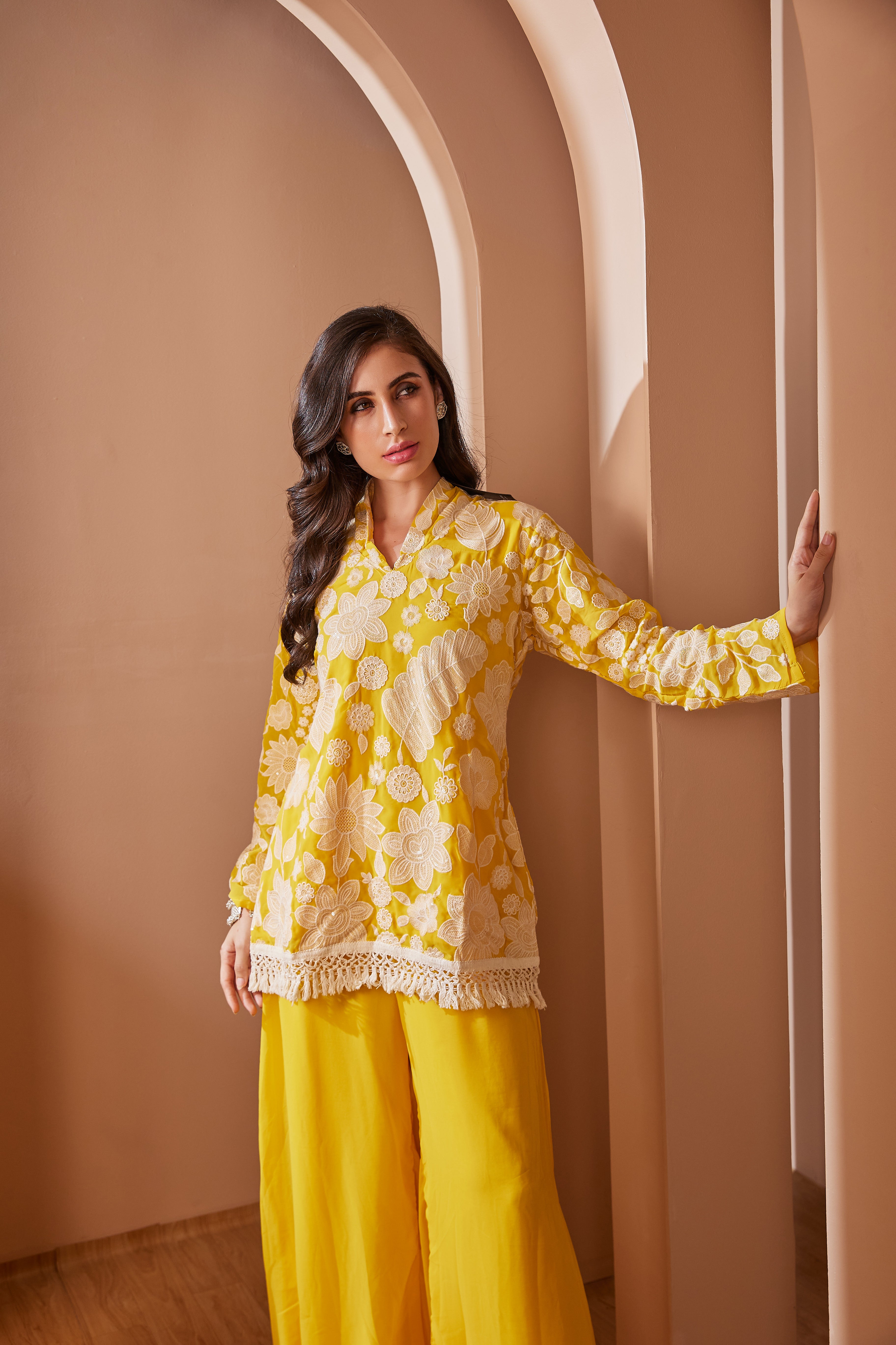 Yellow Embroidered Co-Ord Set With Contrasting Work - Set Of 2