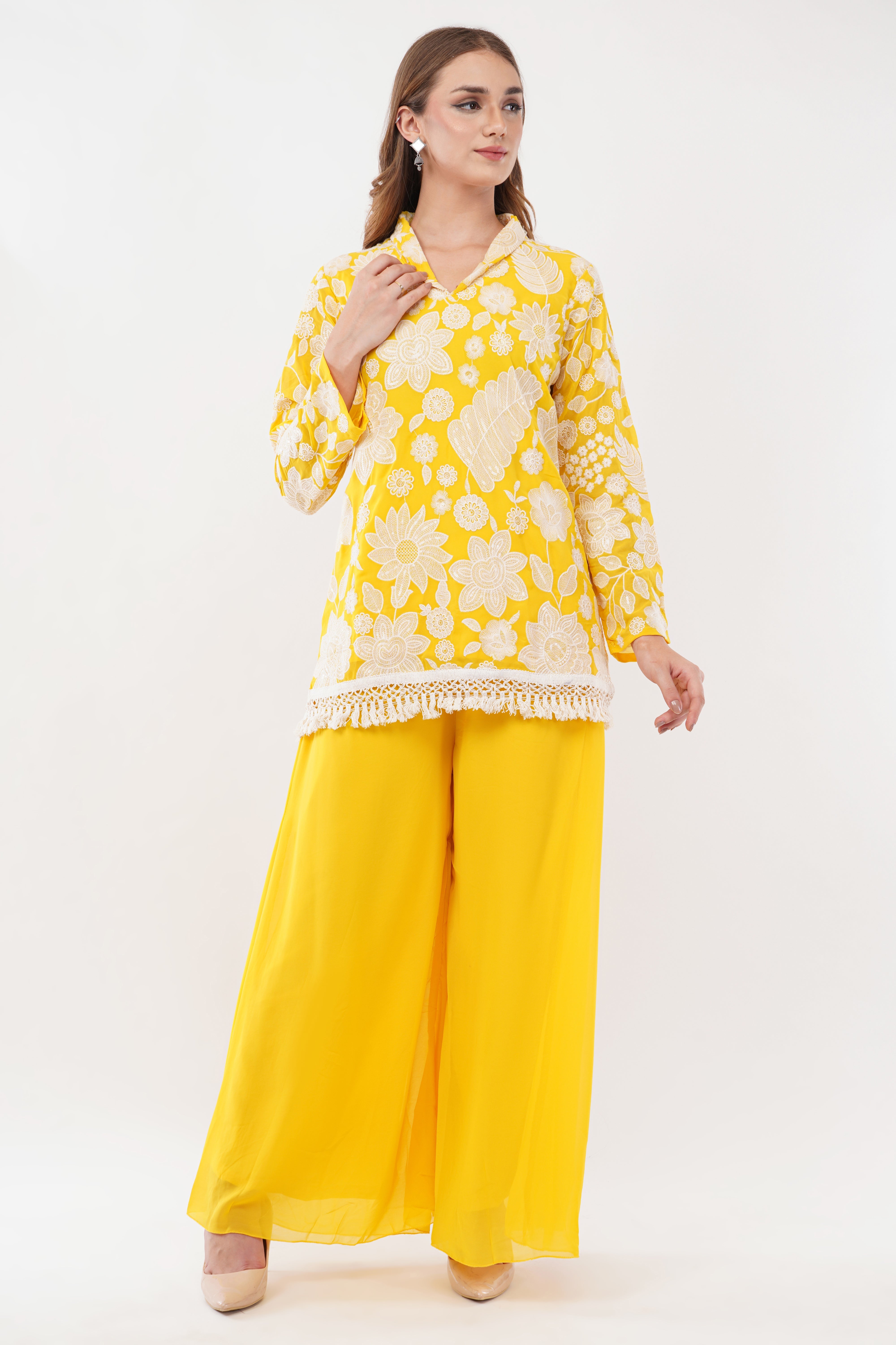 Yellow Embroidered Co-Ord Set With Contrasting Work - Set Of 2