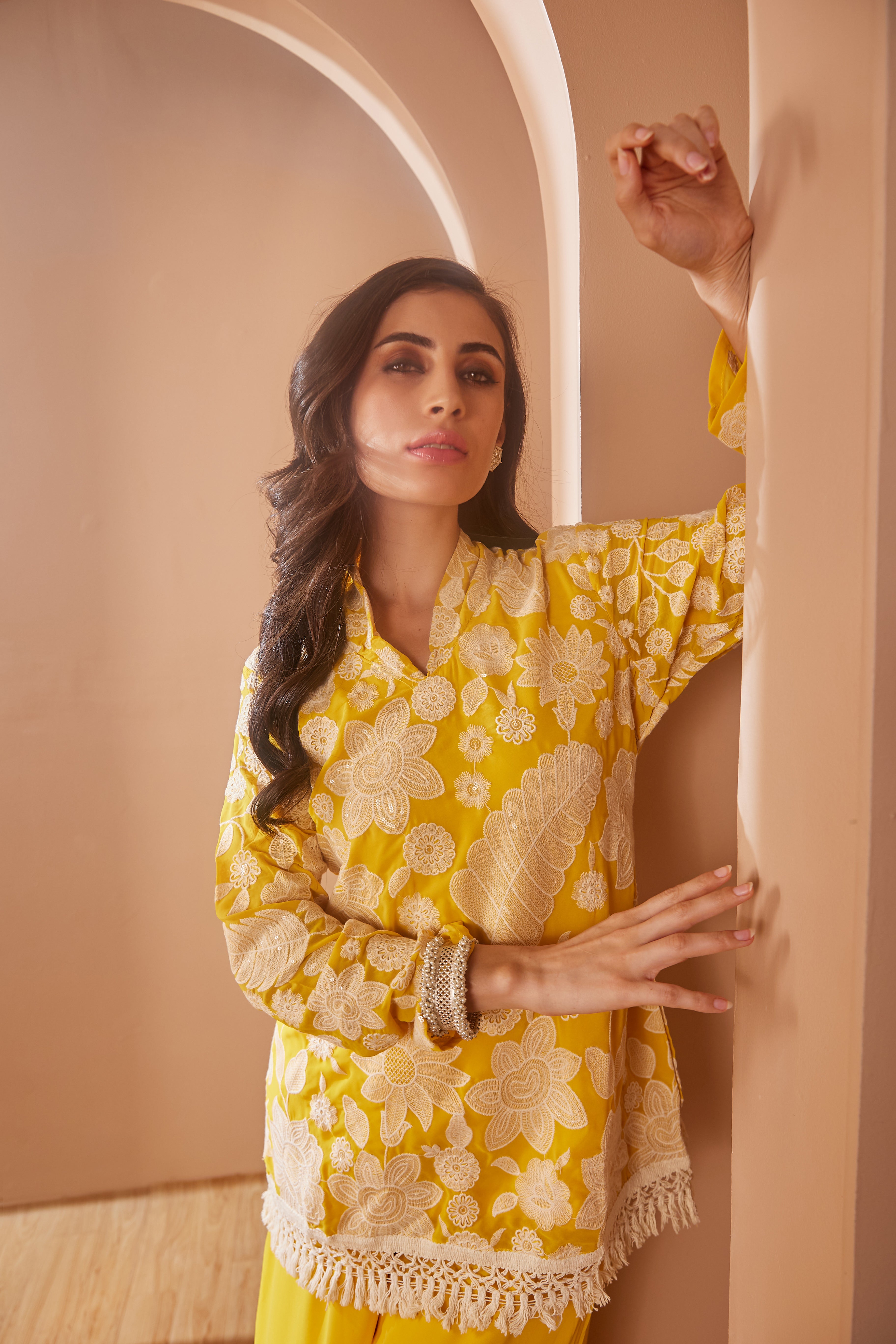 Yellow Embroidered Co-Ord Set With Contrasting Work - Set Of 2