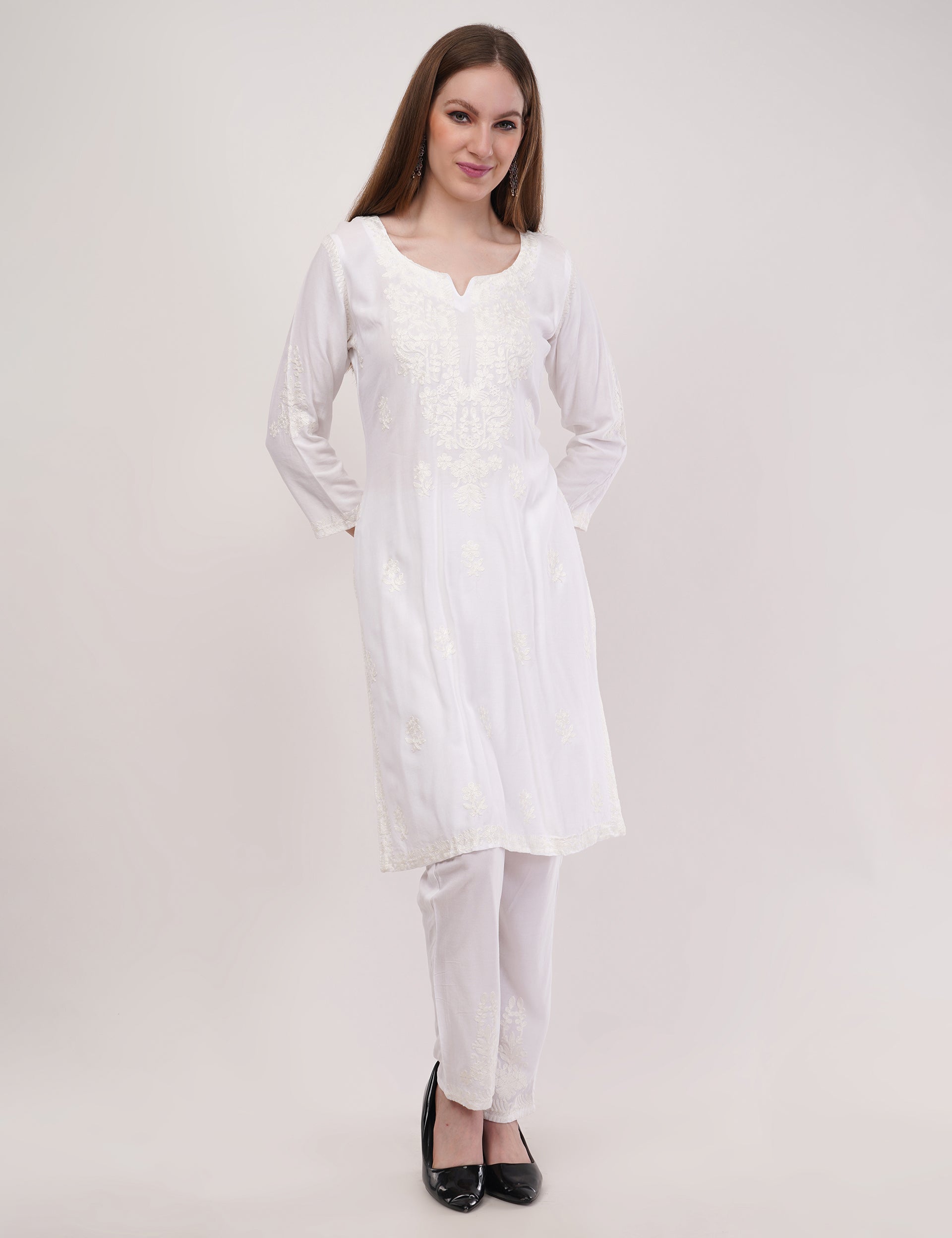 White Ethnic Kurti Co-Ord Set With White Embroidery - Set Of 3