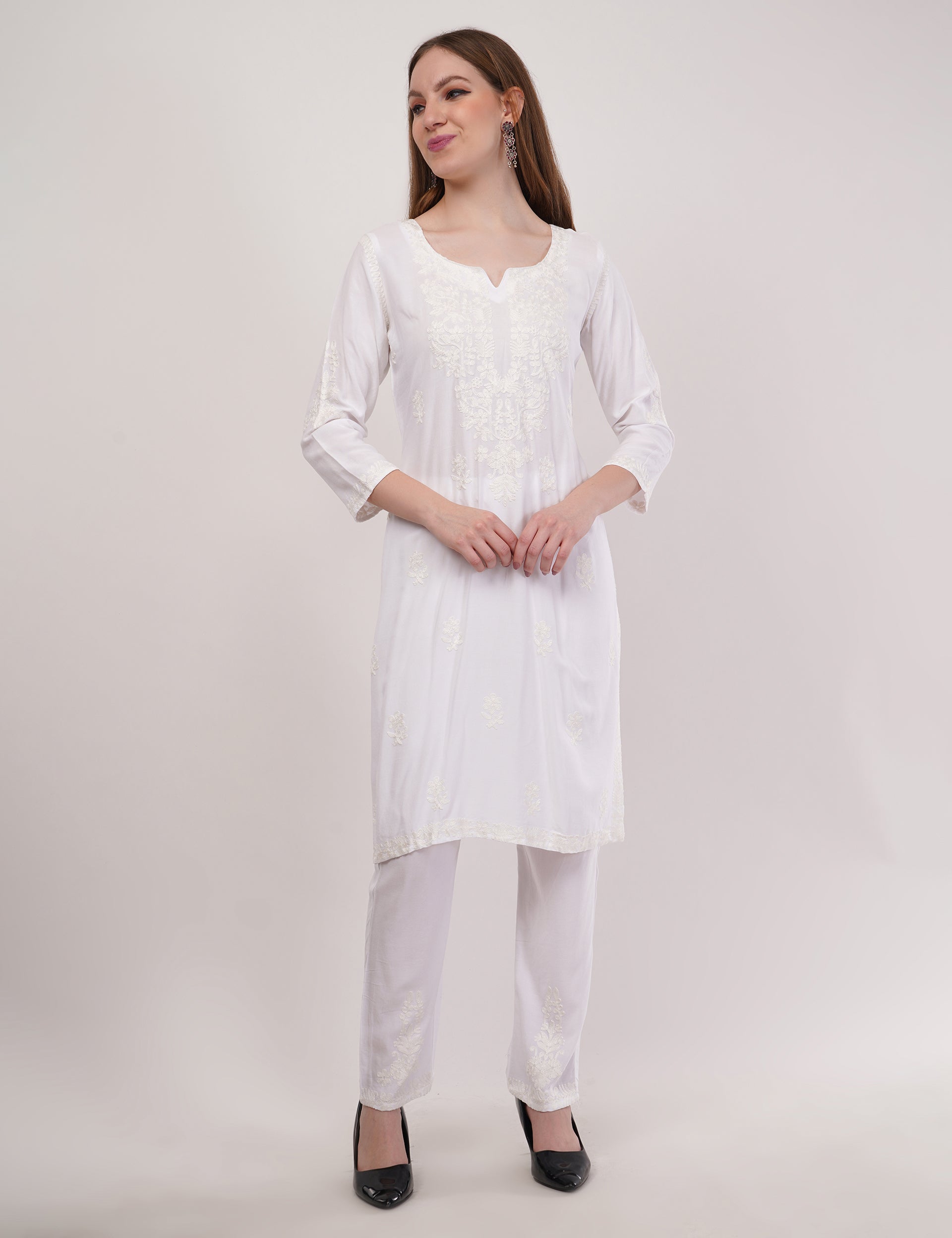 White Ethnic Kurti Co-Ord Set With White Embroidery - Set Of 3