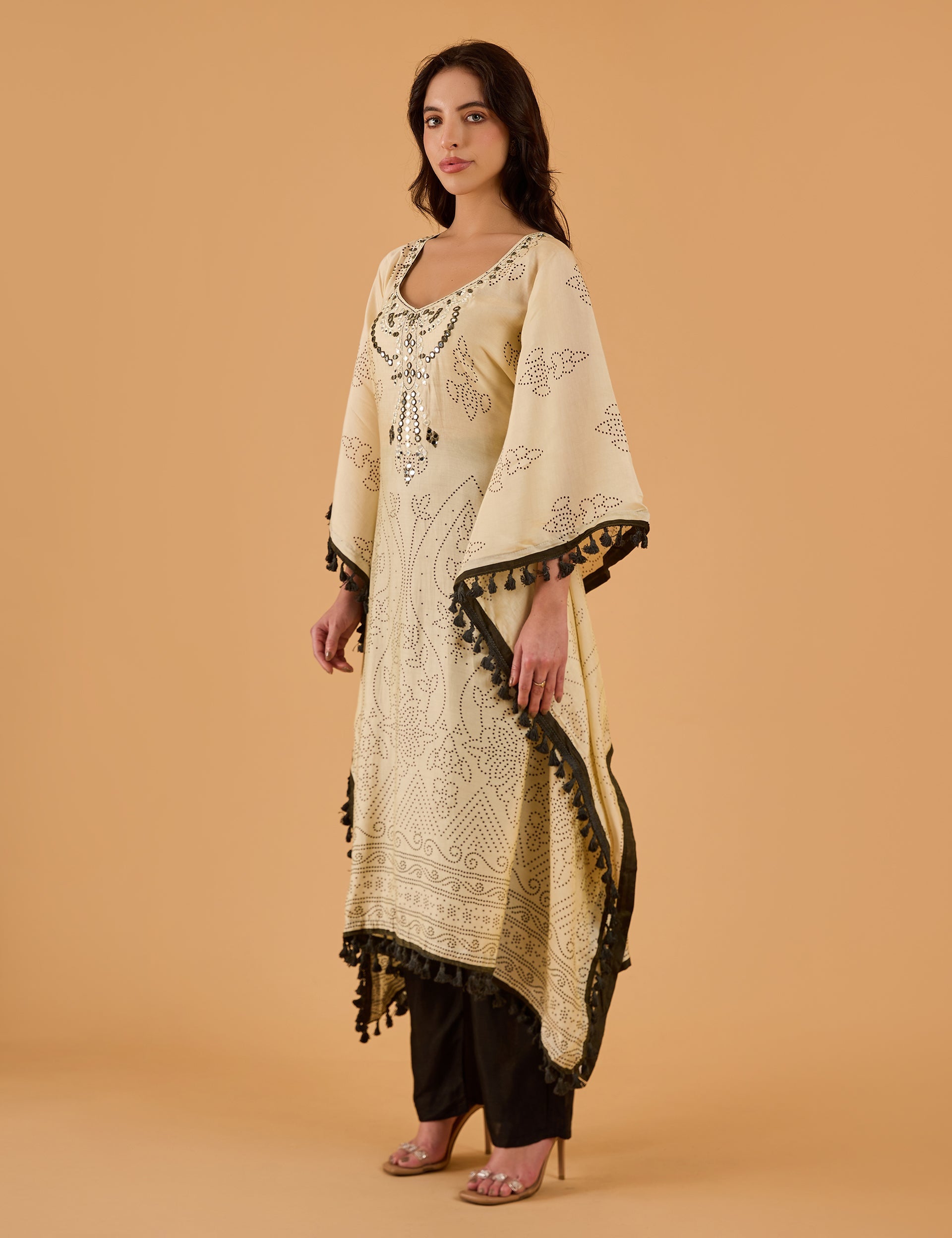 dhartii  Off-White Ethnic Print Silk Fusion Kaftan
