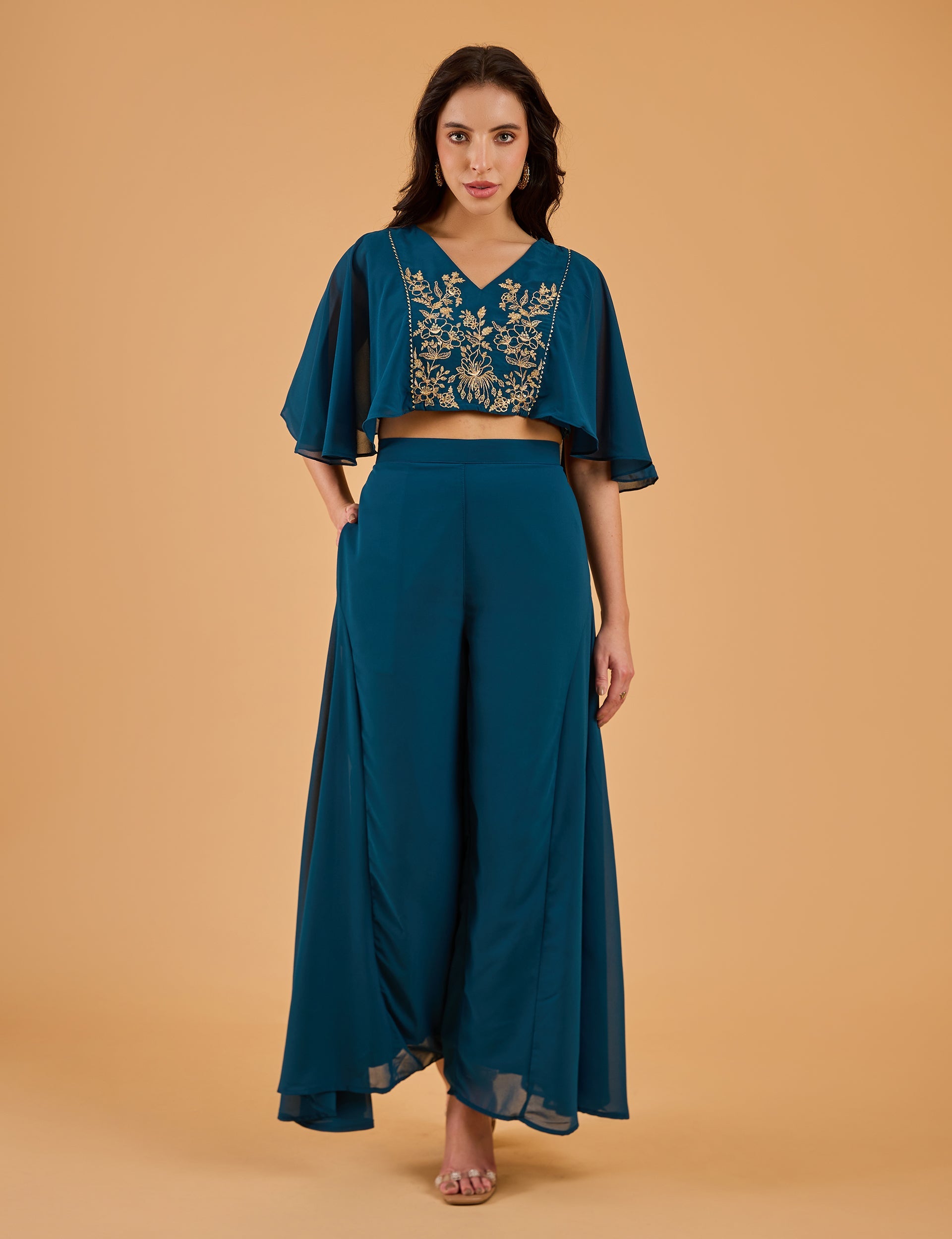 dhartii  Teal Bloom Solid Embroidered Fusion Set
