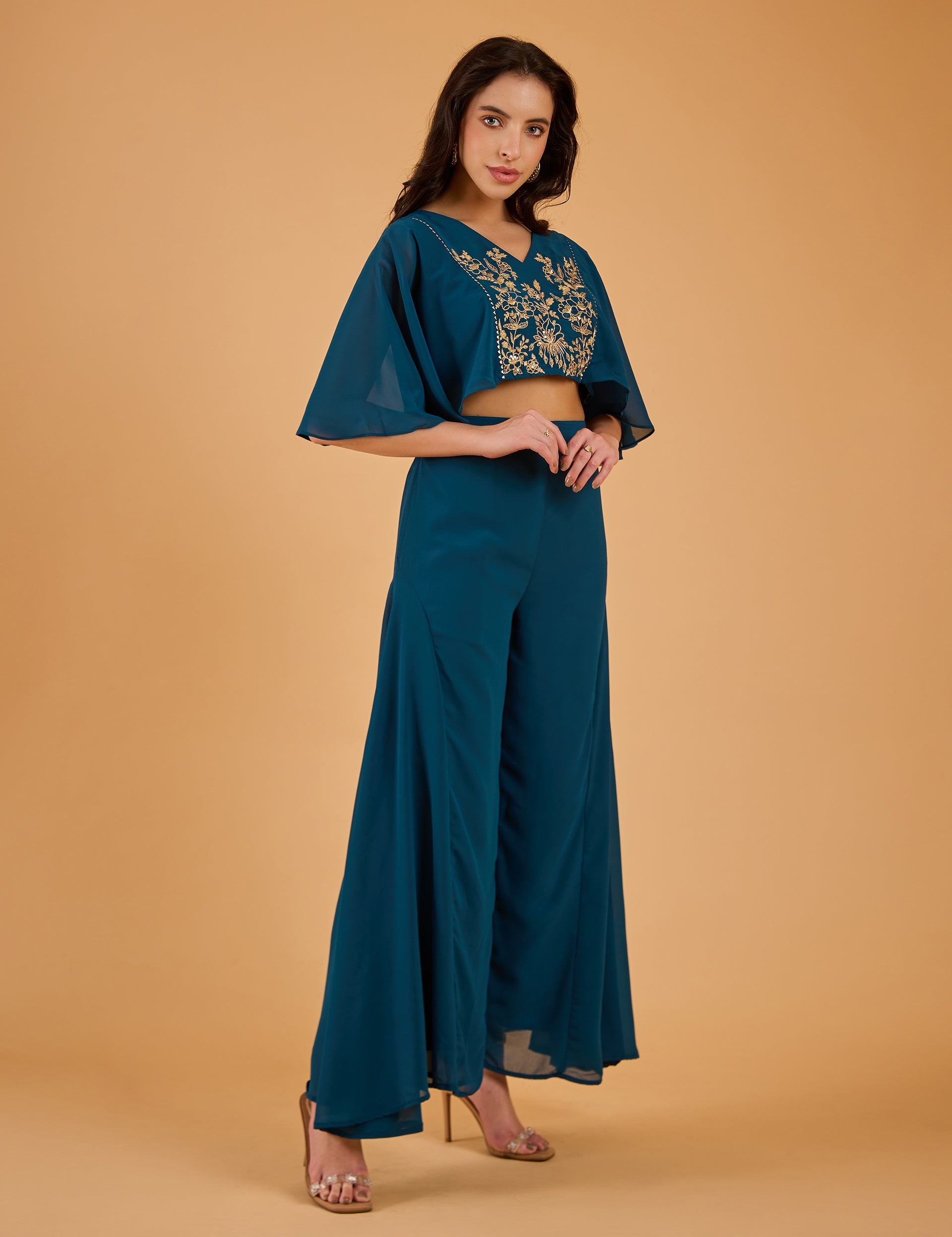 dhartii  Teal Bloom Solid Embroidered Fusion Set