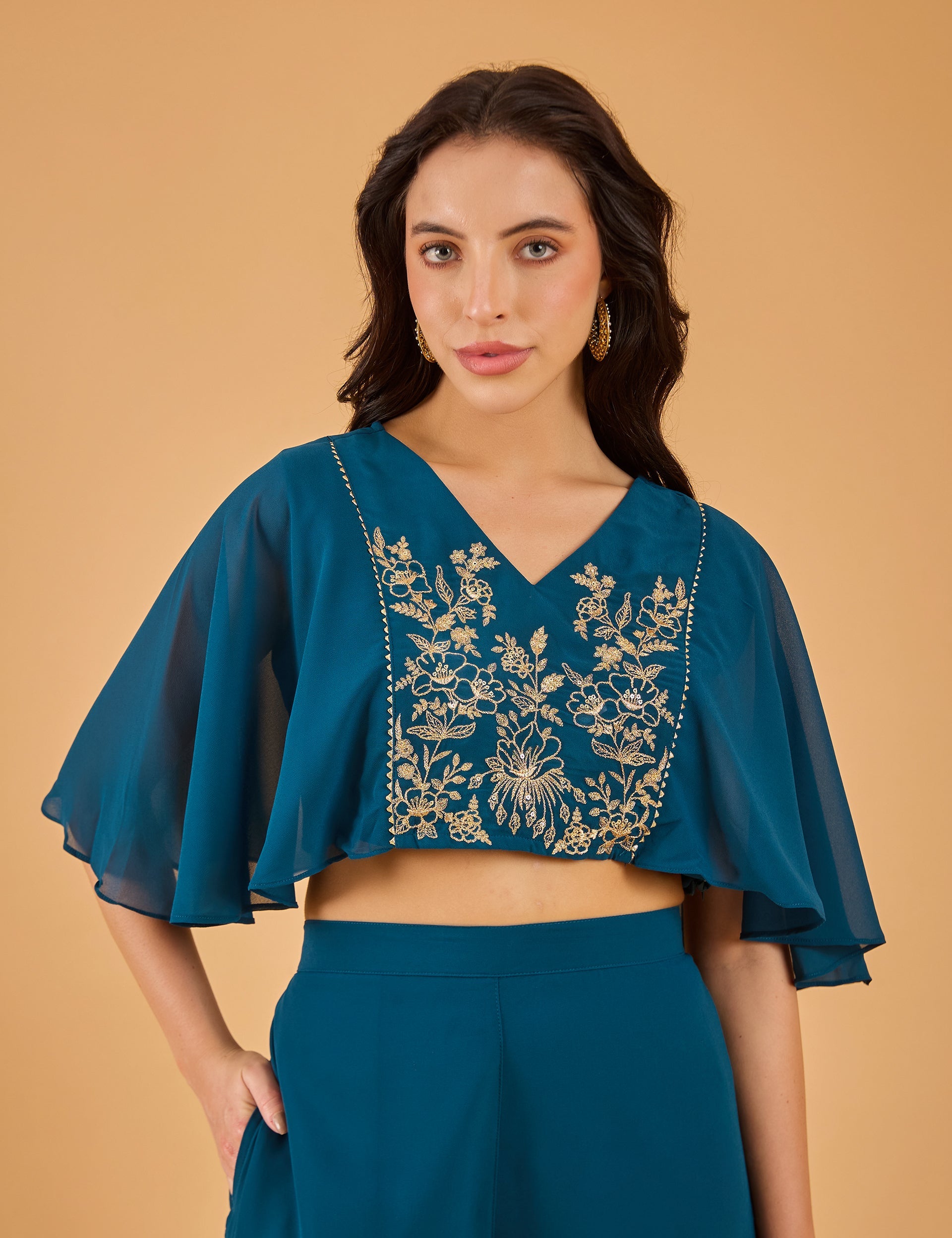 dhartii  Teal Bloom Solid Embroidered Fusion Set