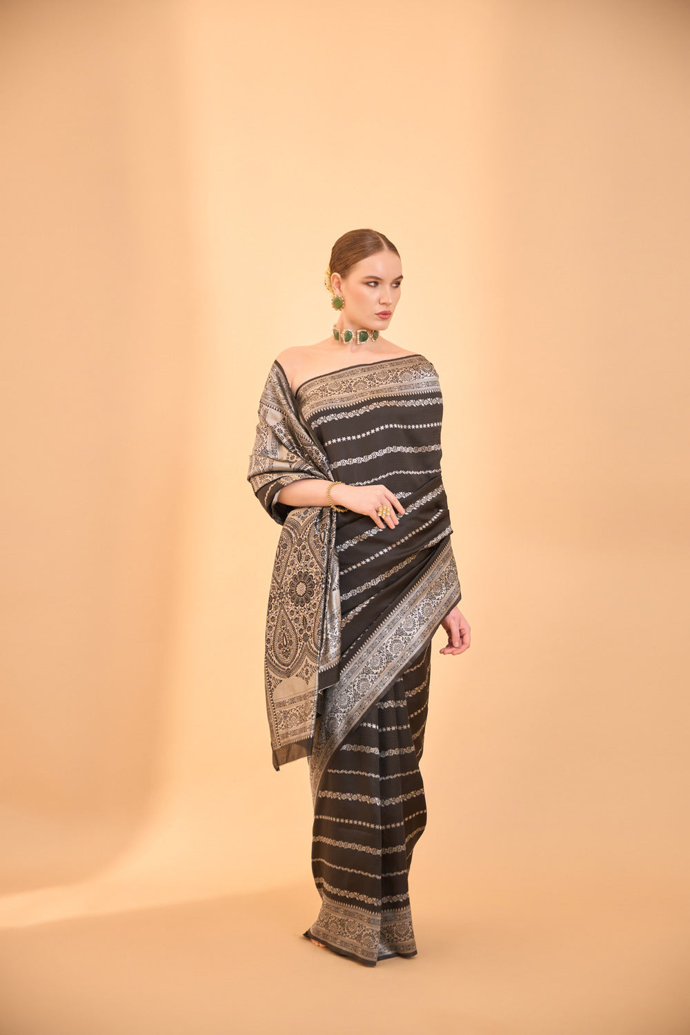 Black Banarasi Silk Saree with Intricate Silver Motifs