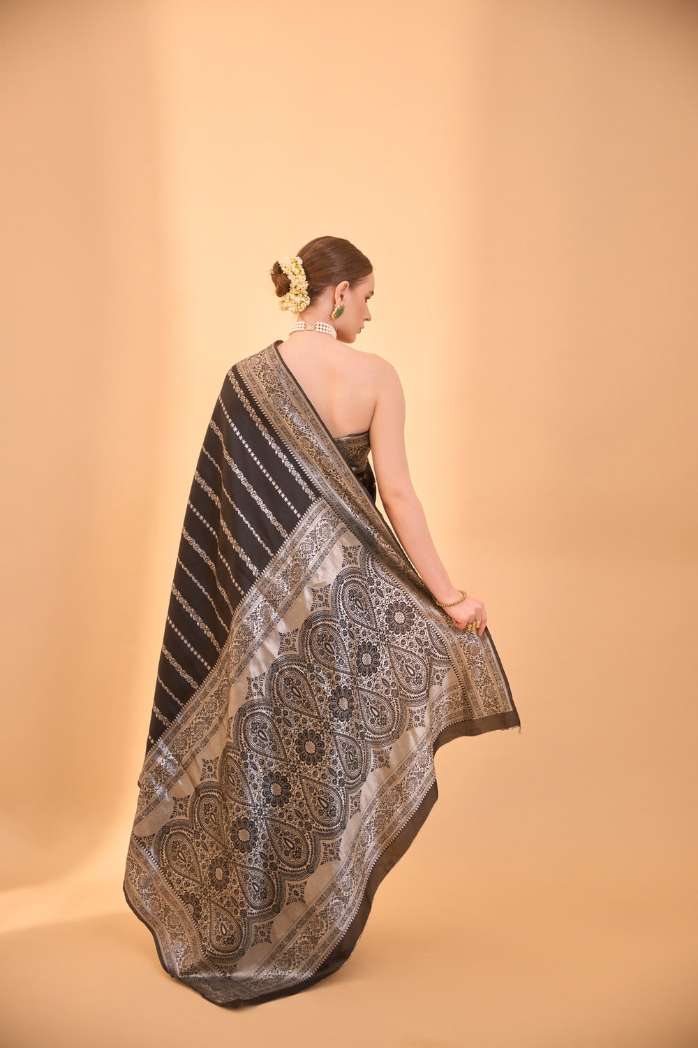 Black Banarasi Silk Saree with Intricate Silver Motifs