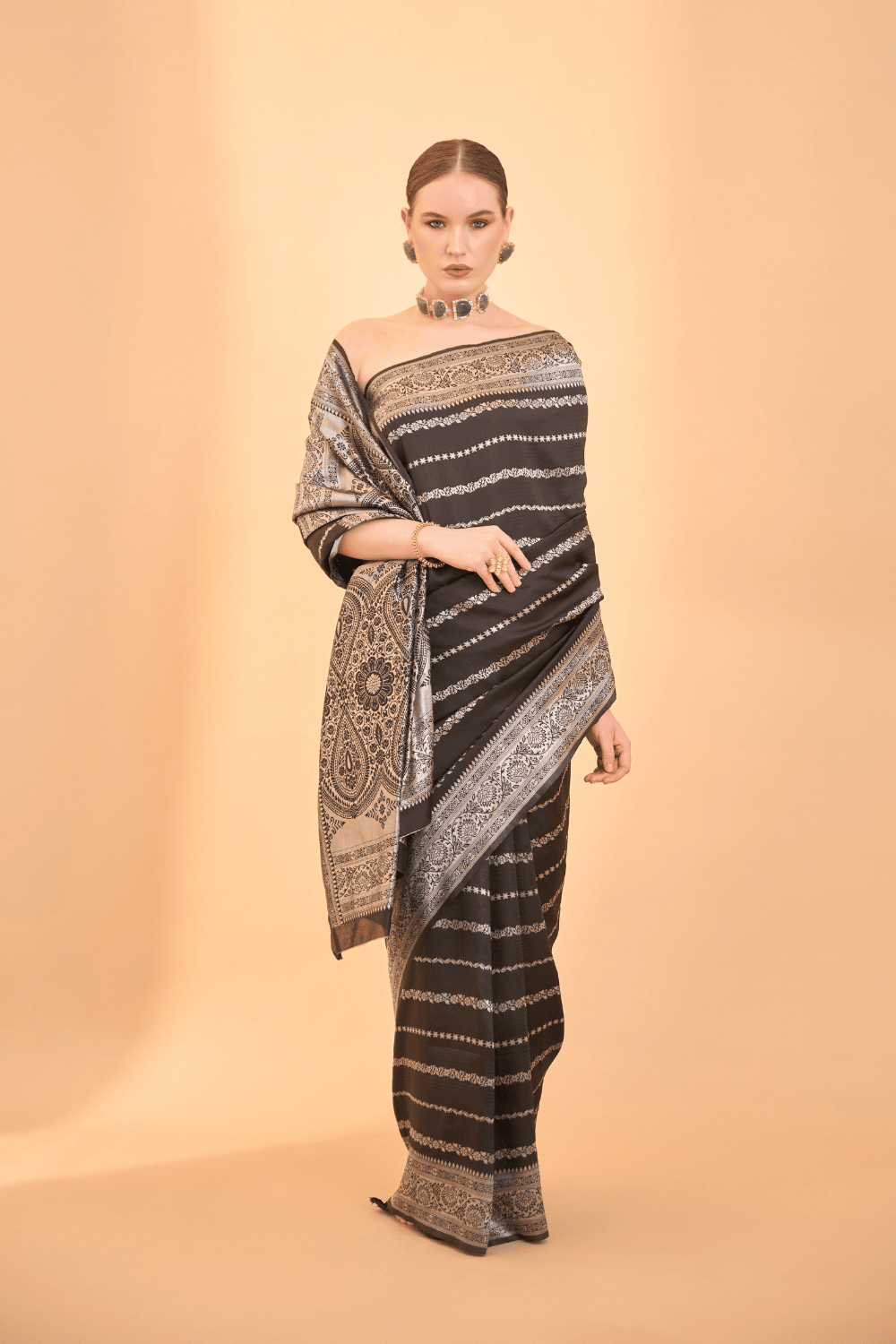 Black Banarasi Silk Saree with Intricate Silver Motifs