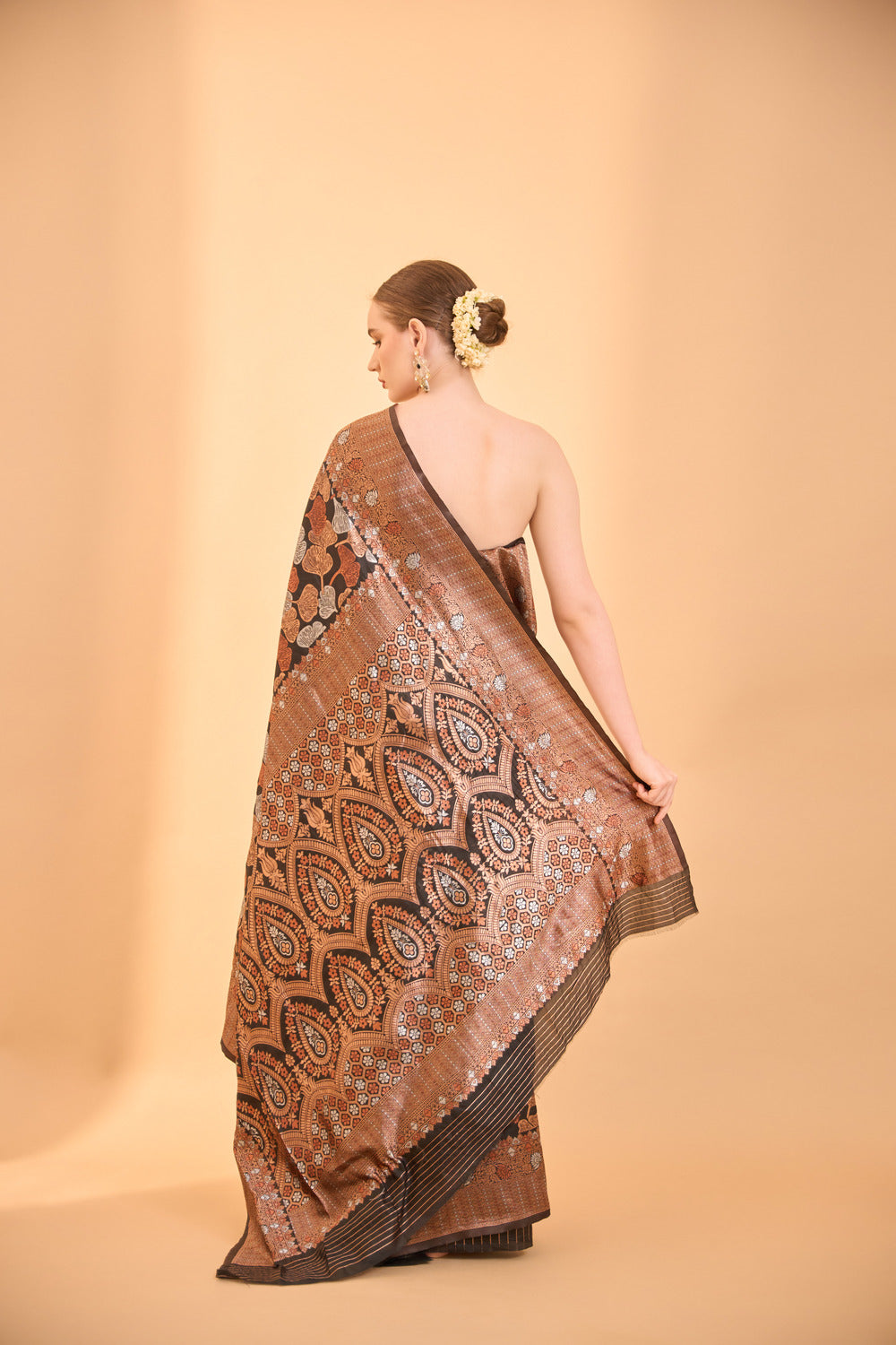 Black Banarasi Silk Saree with Intricate Gold and Copper Zari Work