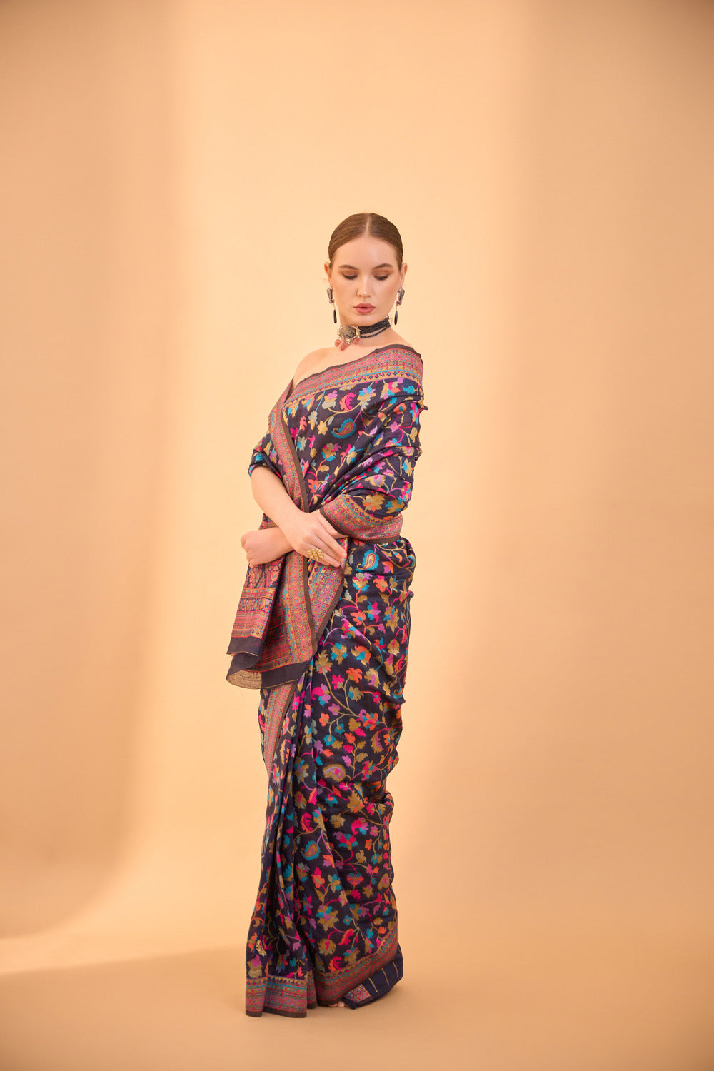 Navy Blue Kashmiri Weaving Silk Saree With Intricate Multicolor Floral Patterns