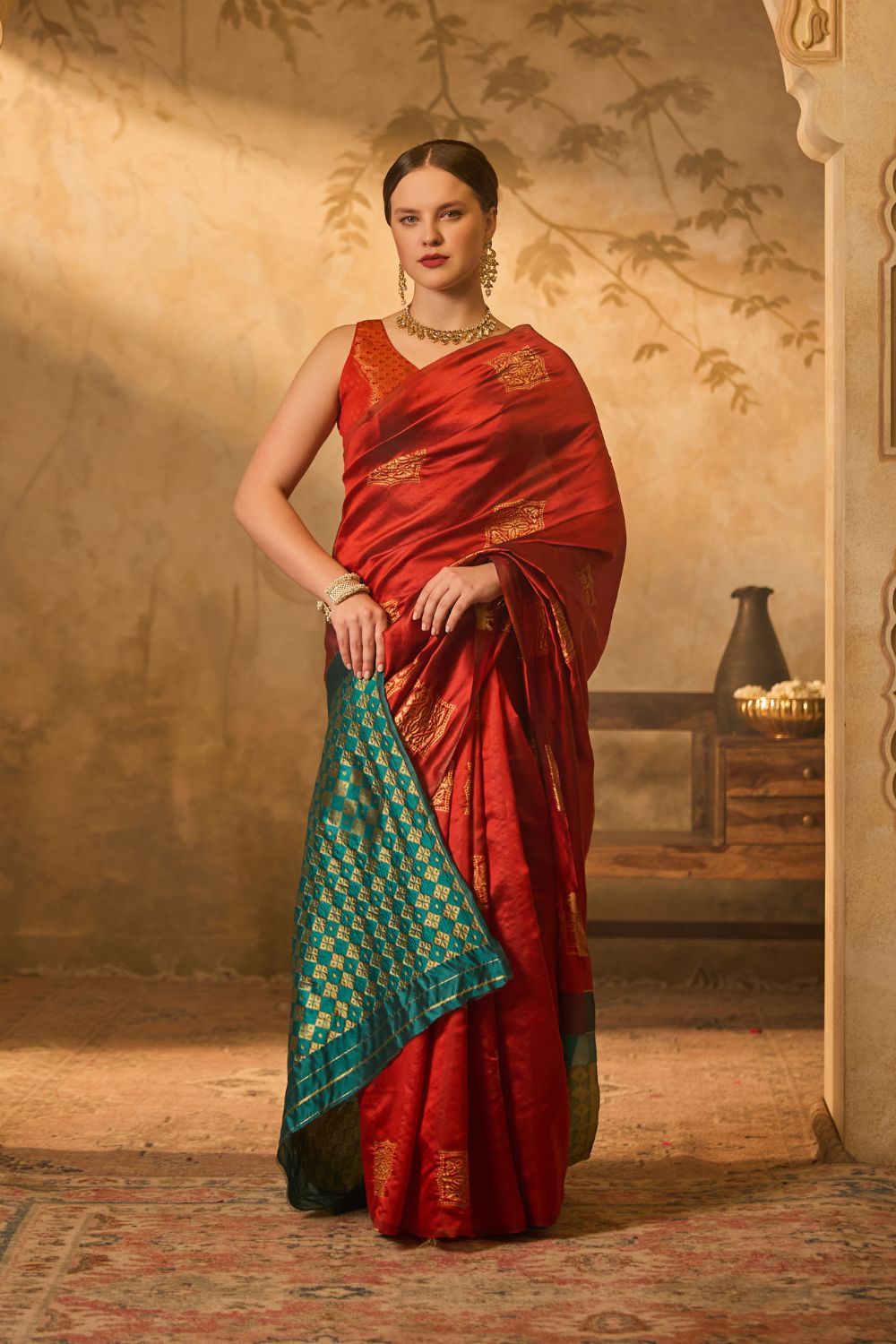 Coral Red & Teal Pallu Banarasi Silk Saree With Gold Zari Motifs