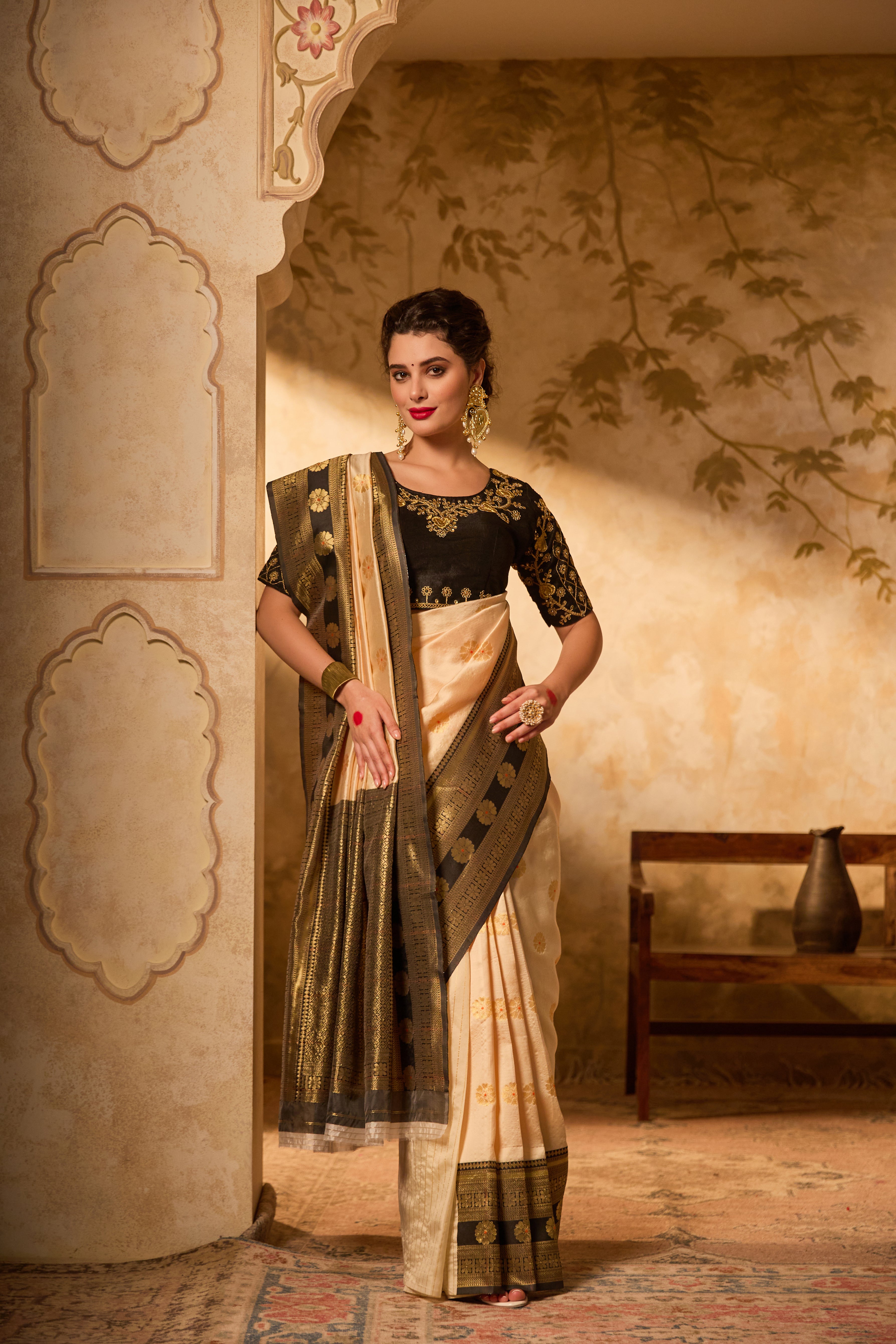 Cream & Black Kanjivaram Silk Saree With Gold Zari Motifs