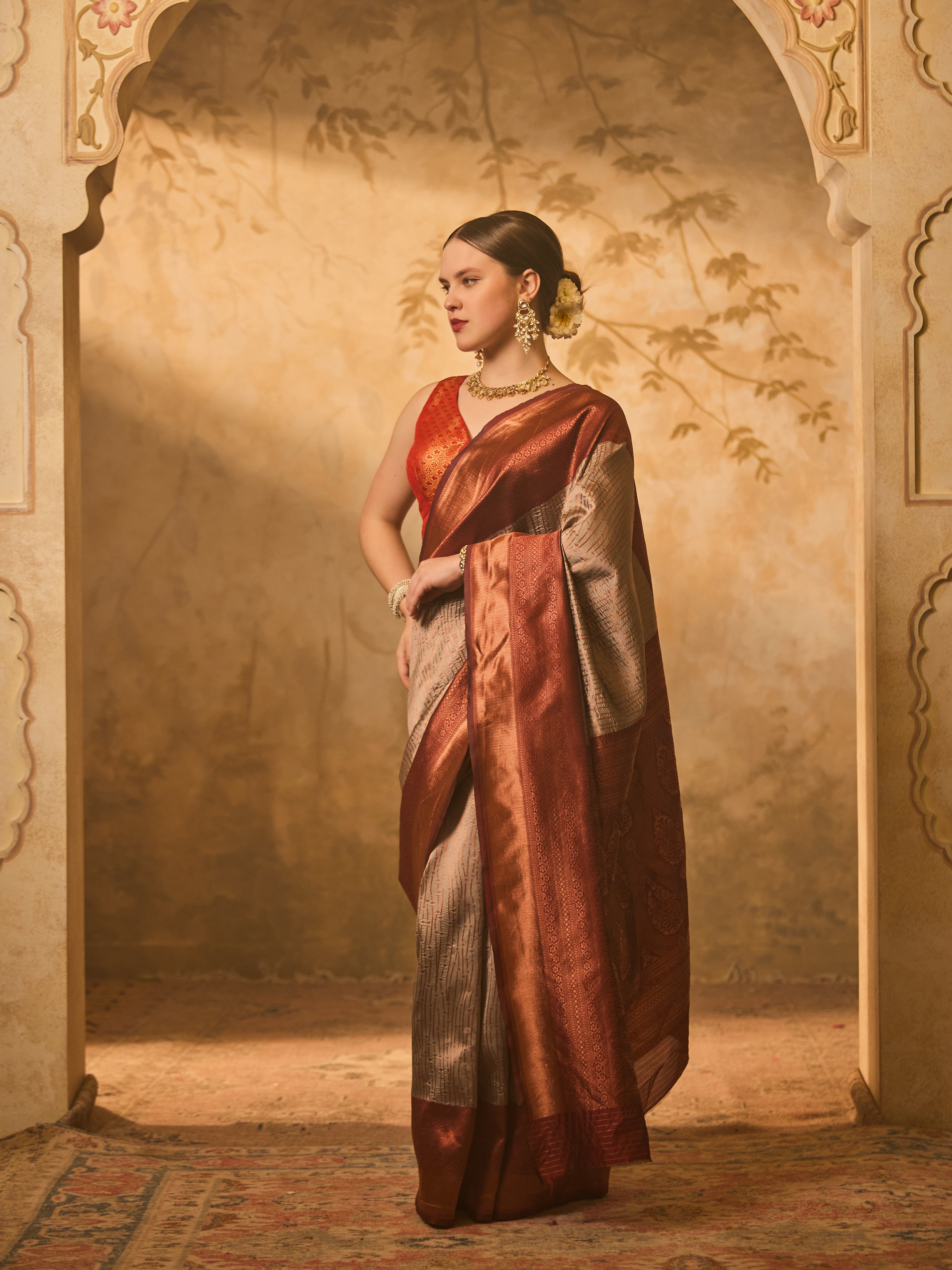 Grey & Rust Tussar Silk Saree