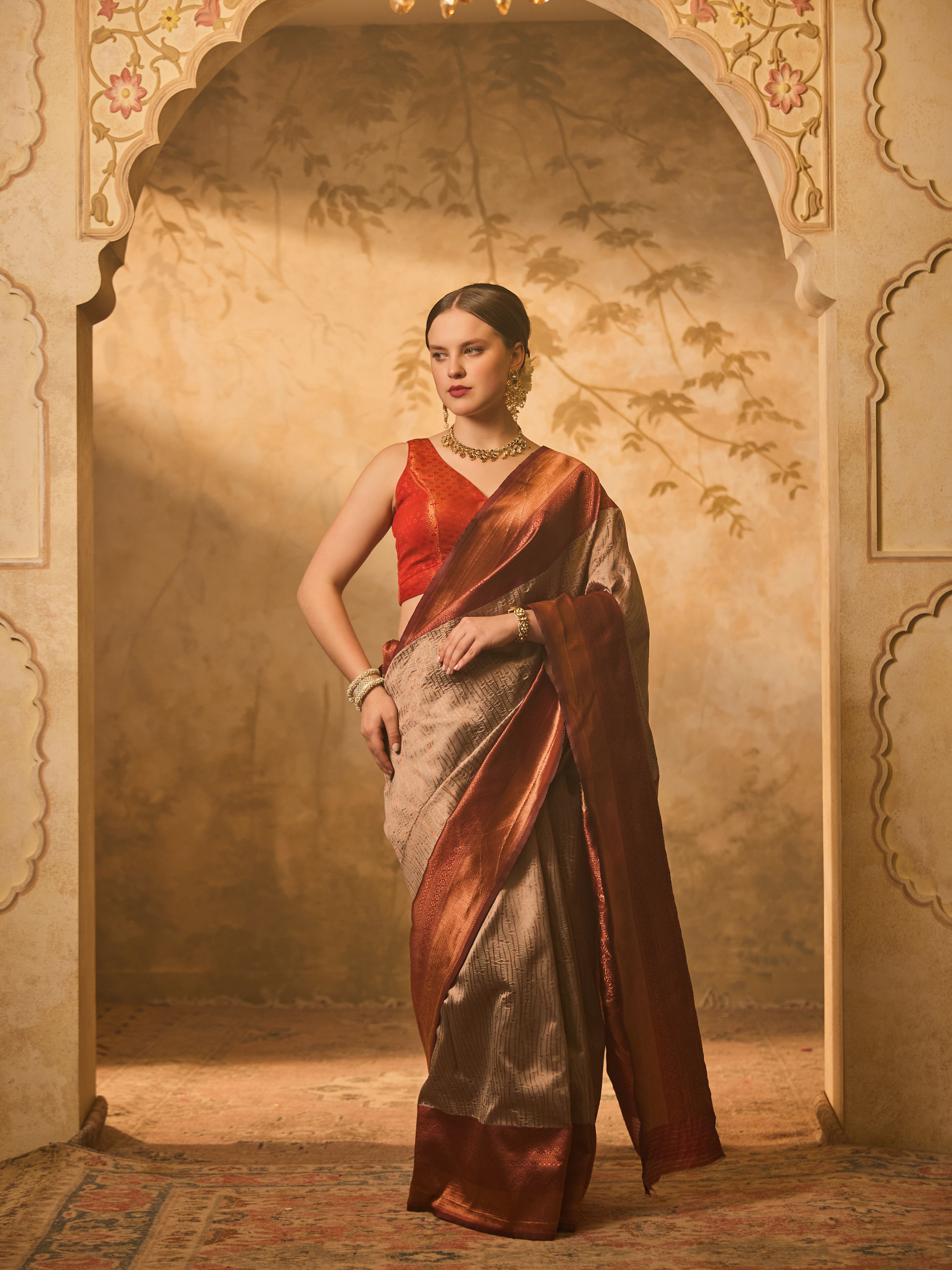 Grey & Rust Tussar Silk Saree