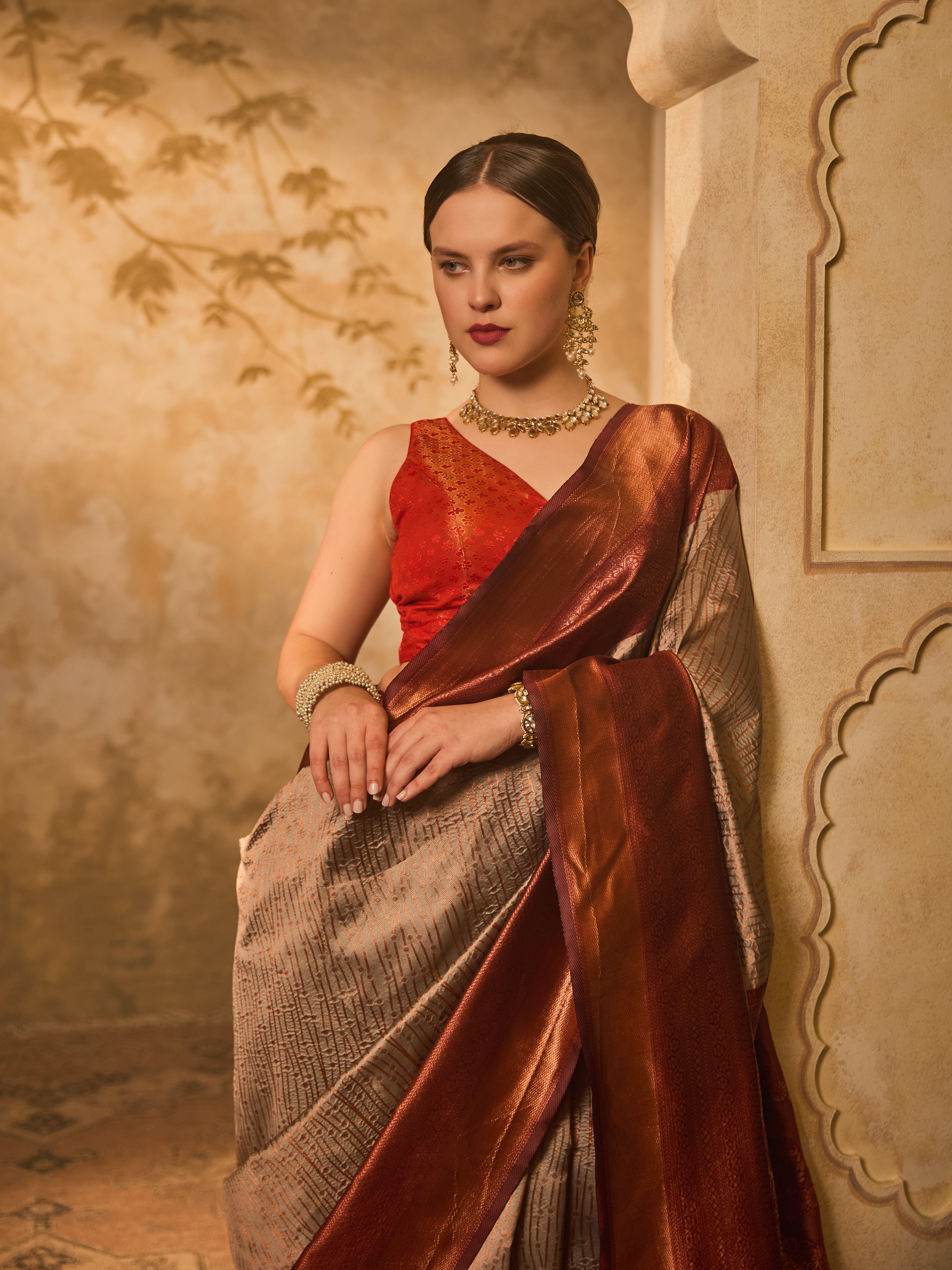 Grey & Rust Tussar Silk Saree