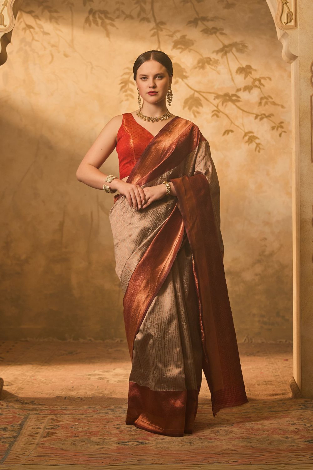 Grey & Rust Tussar Silk Saree