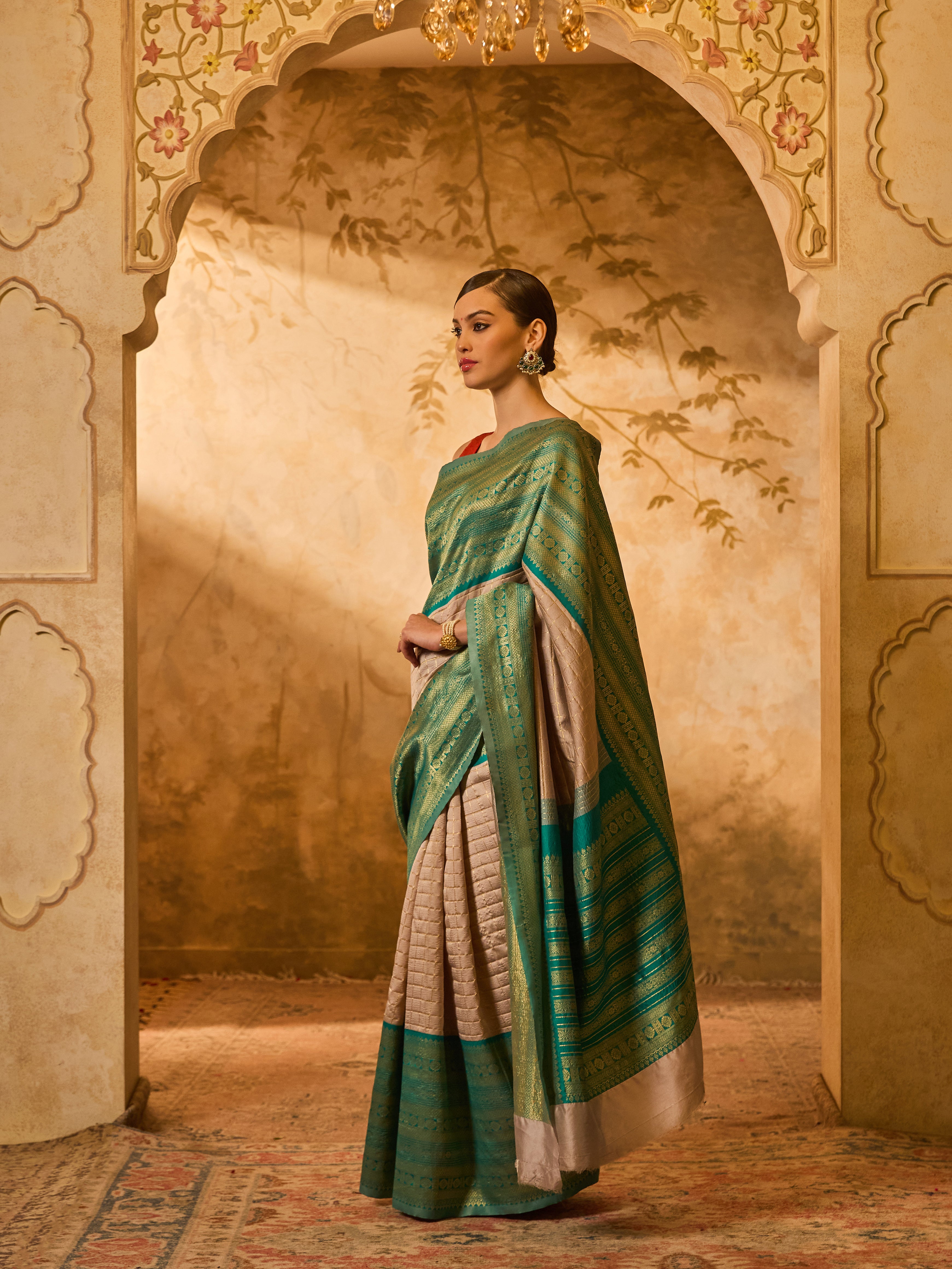 Green & Grey Kanjivaram Silk Saree With Delicate Golden Checks