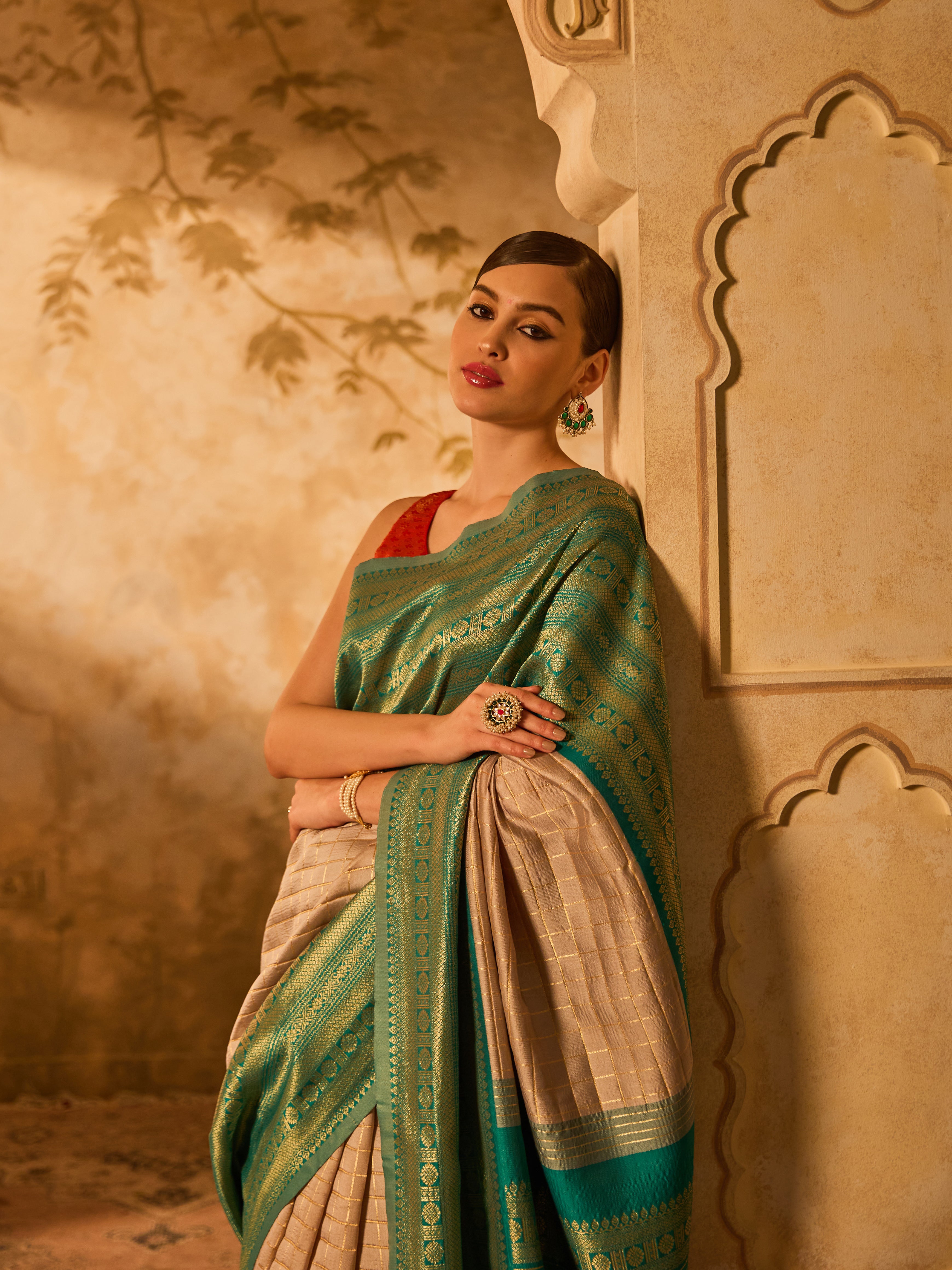 Green & Grey Kanjivaram Silk Saree With Delicate Golden Checks