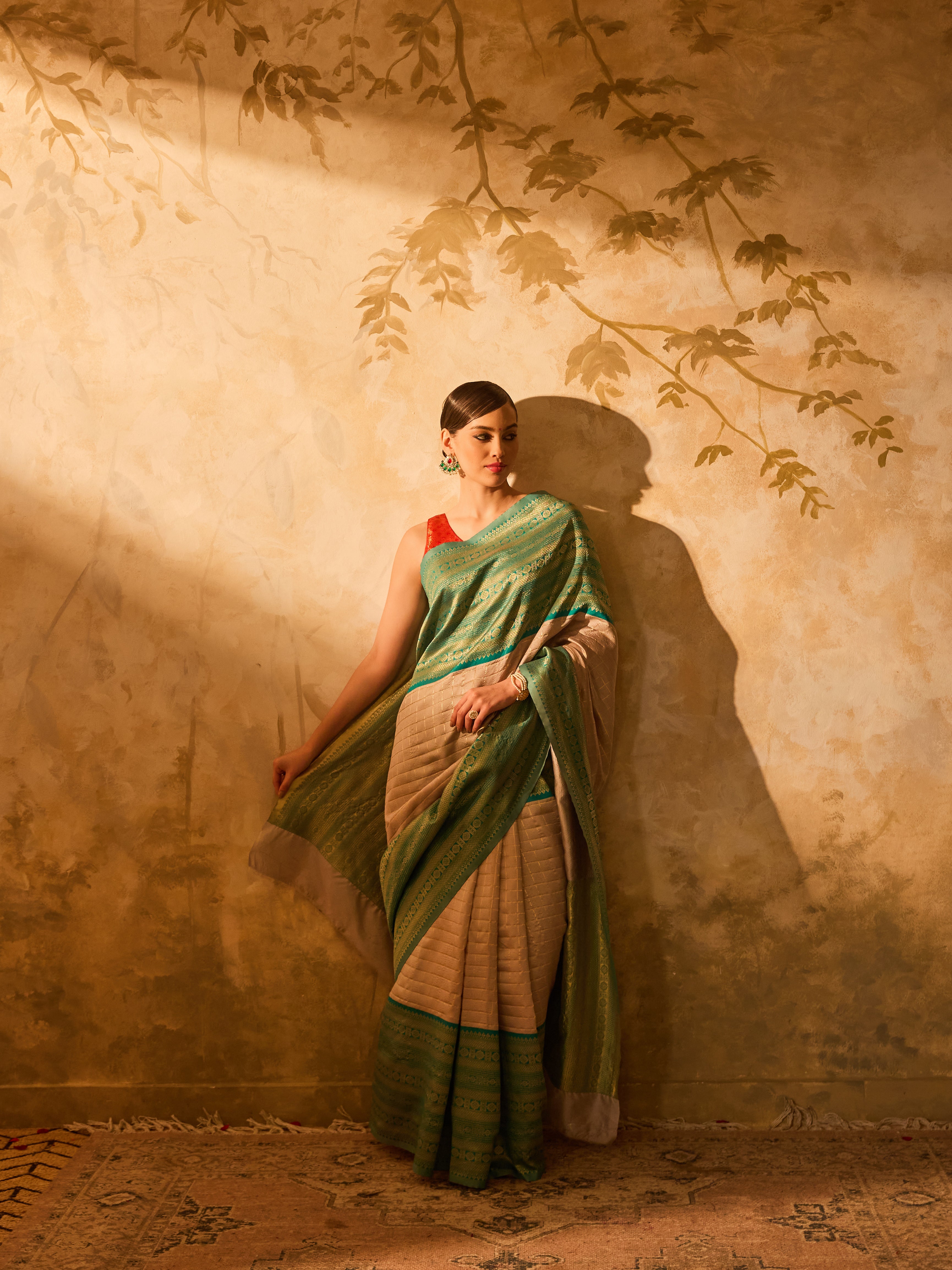 Green & Grey Kanjivaram Silk Saree With Delicate Golden Checks