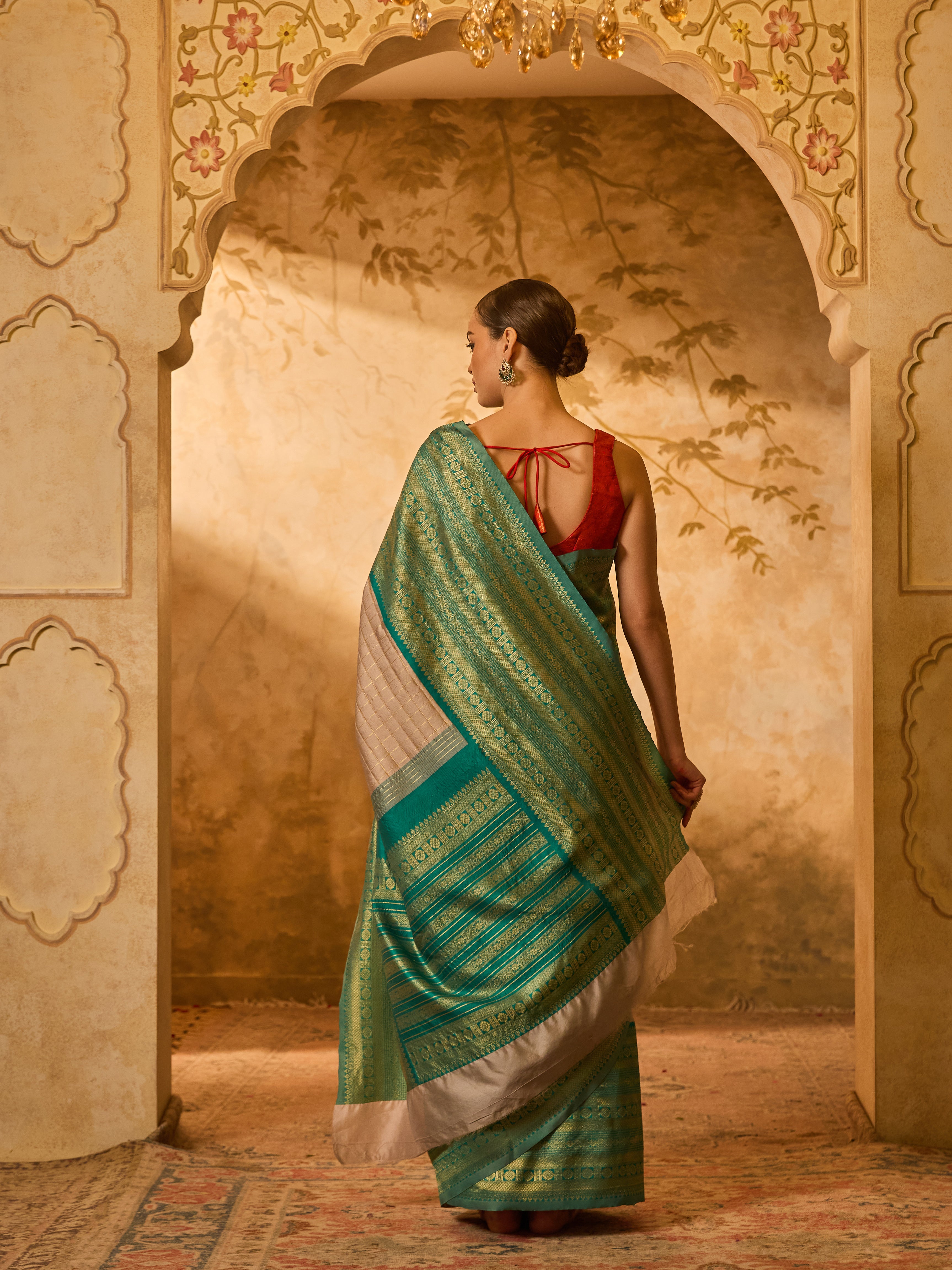 Green & Grey Kanjivaram Silk Saree With Delicate Golden Checks