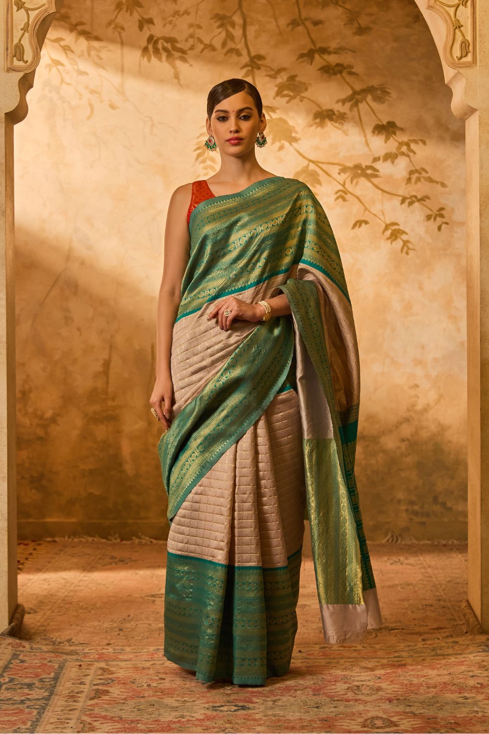 Green & Grey Kanjivaram Silk Saree With Delicate Golden Checks