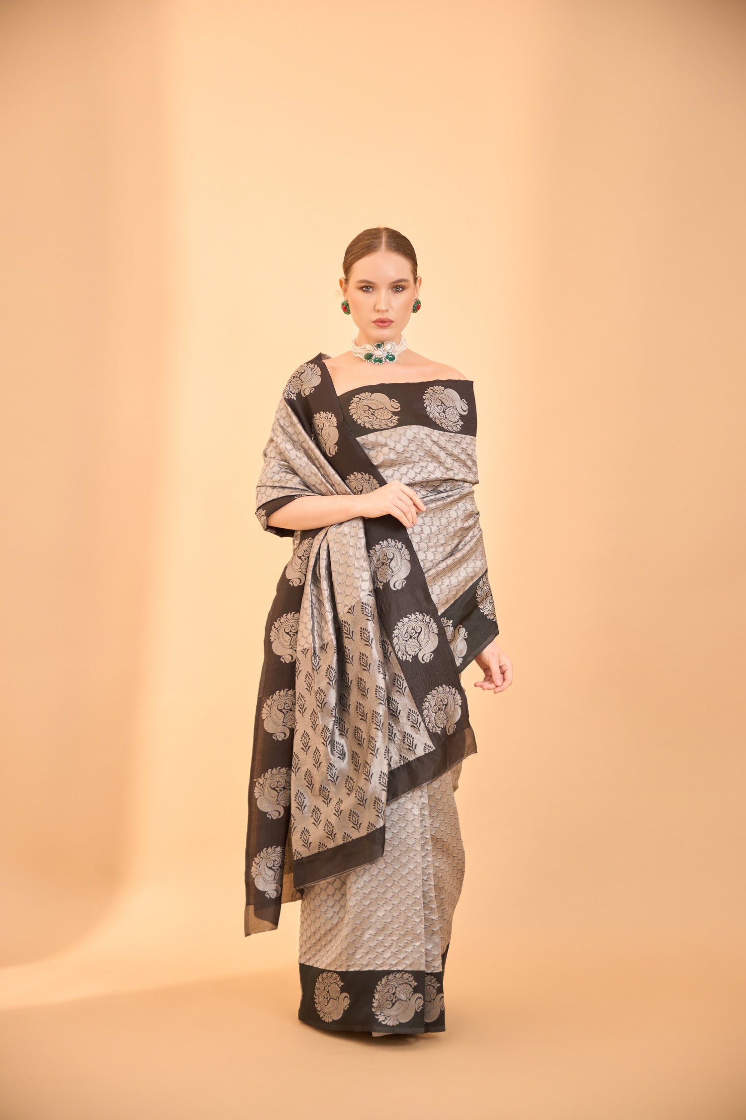 Light Grey Banarasi Silk Saree with Contrasting Black Border & Motifs