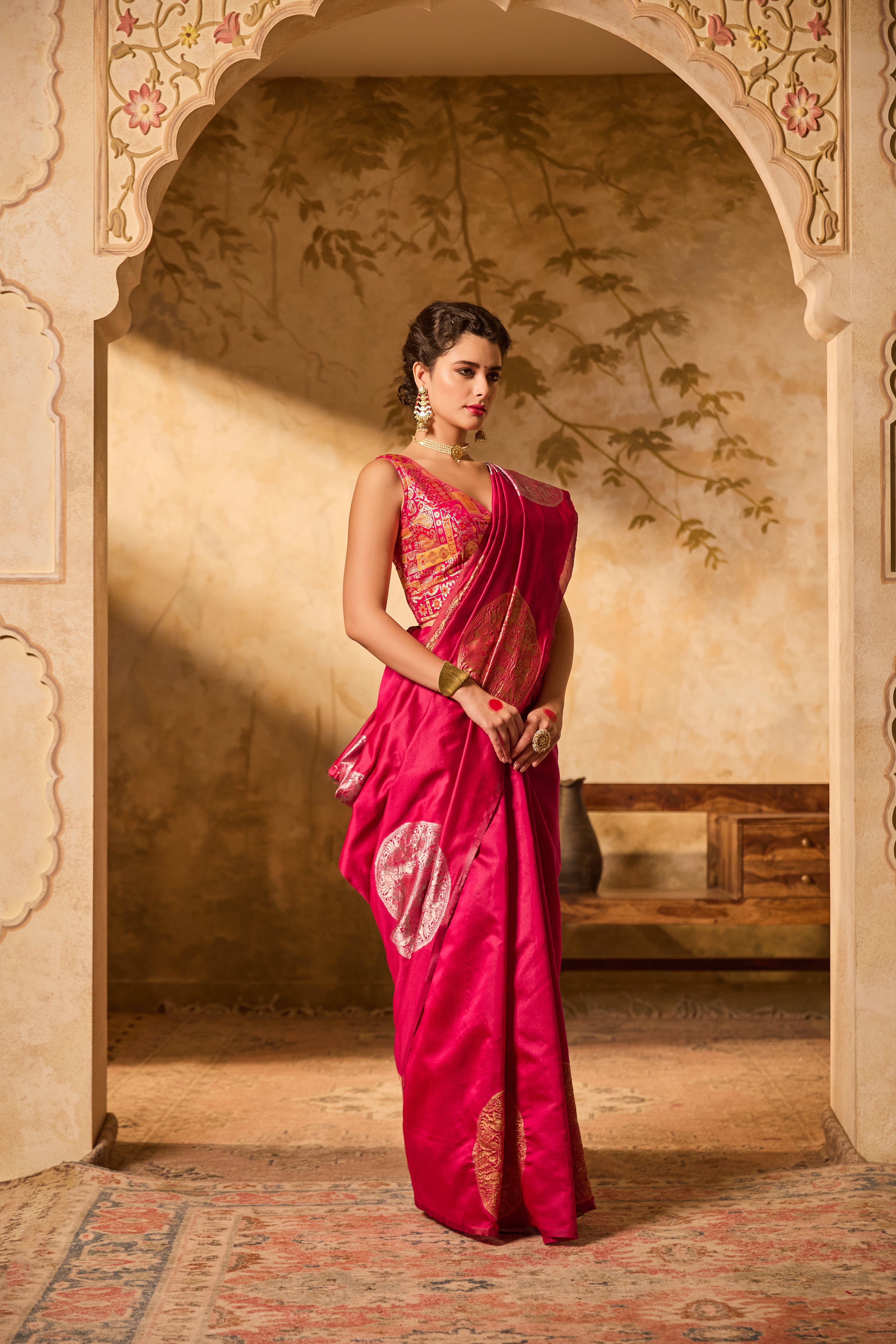 Magenta Banarasi Silk Saree With Golden & Silver Zari Motifs