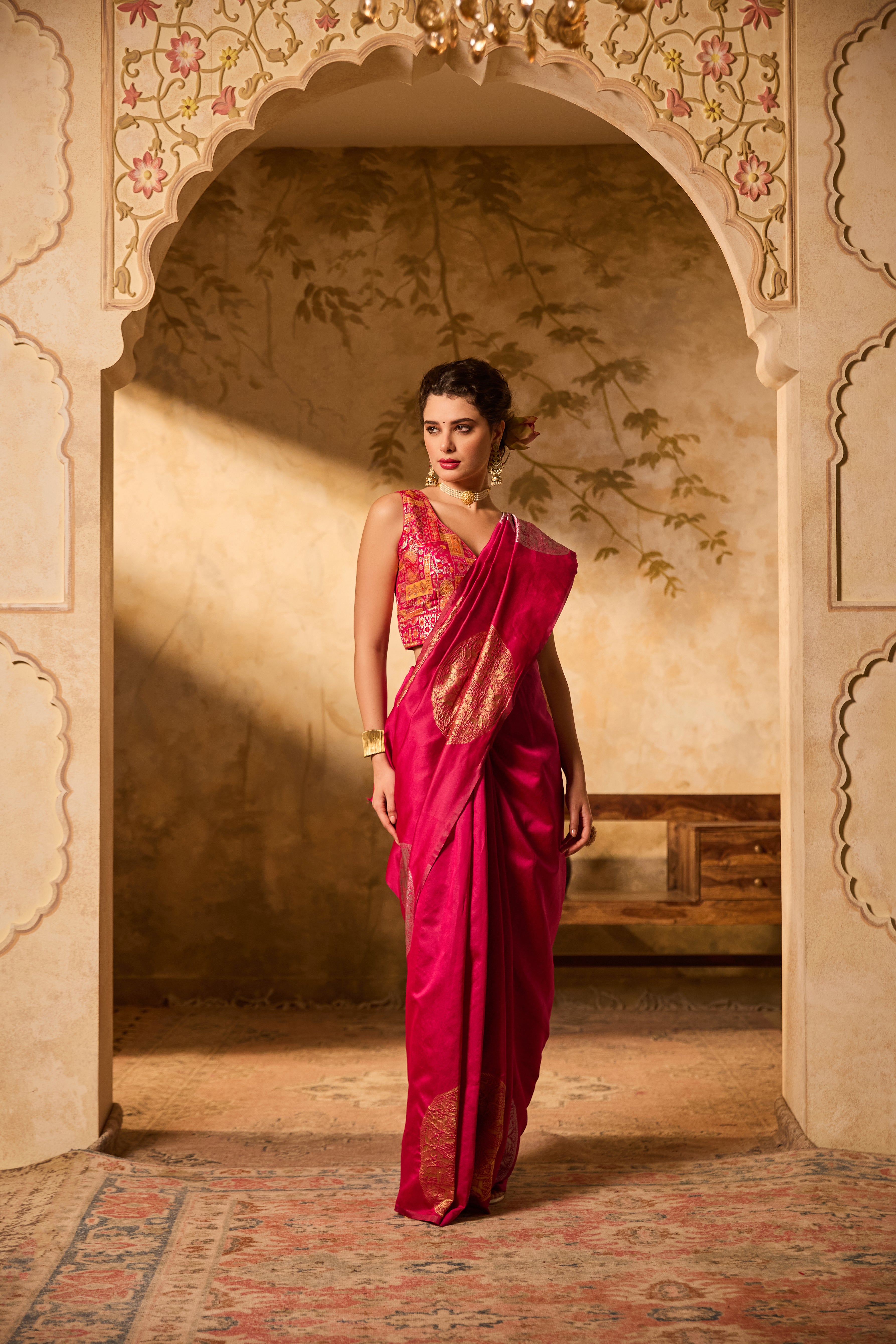 Magenta Banarasi Silk Saree With Golden & Silver Zari Motifs