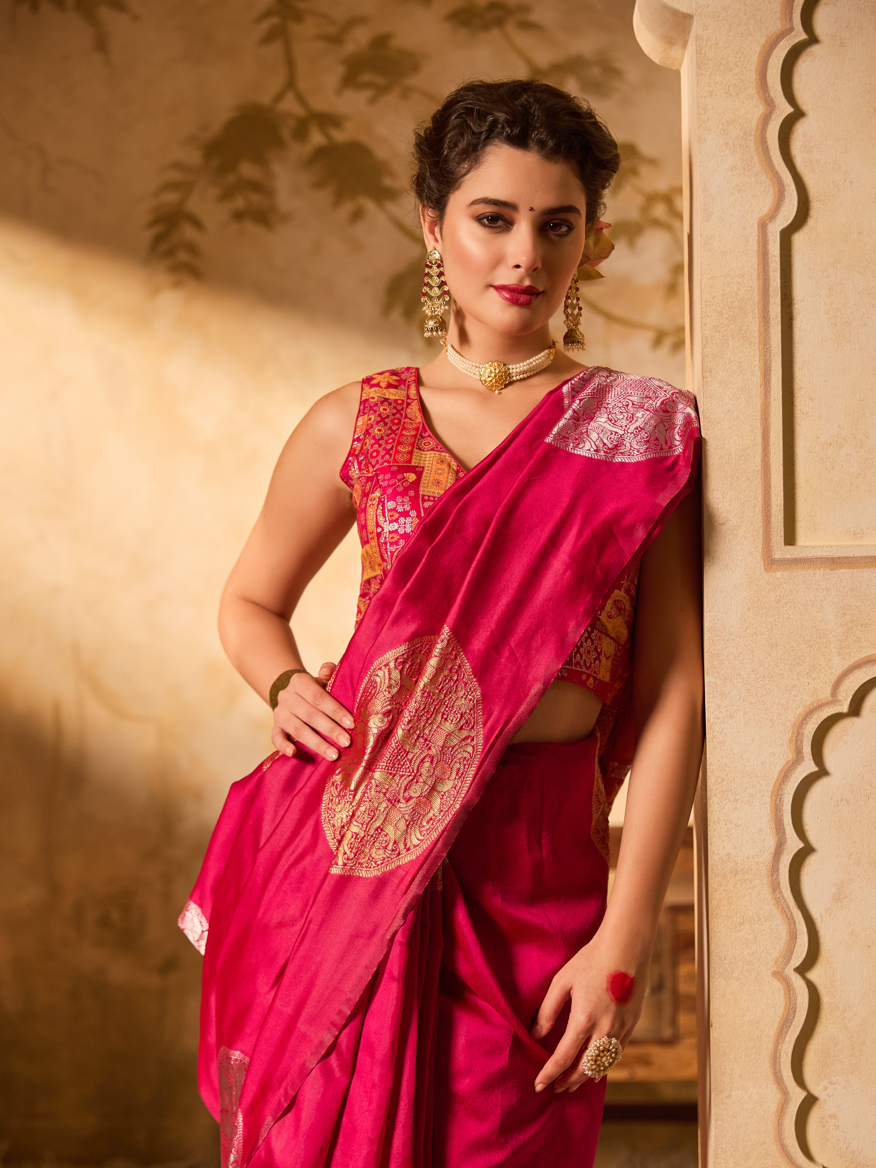 Magenta Banarasi Silk Saree With Golden & Silver Zari Motifs