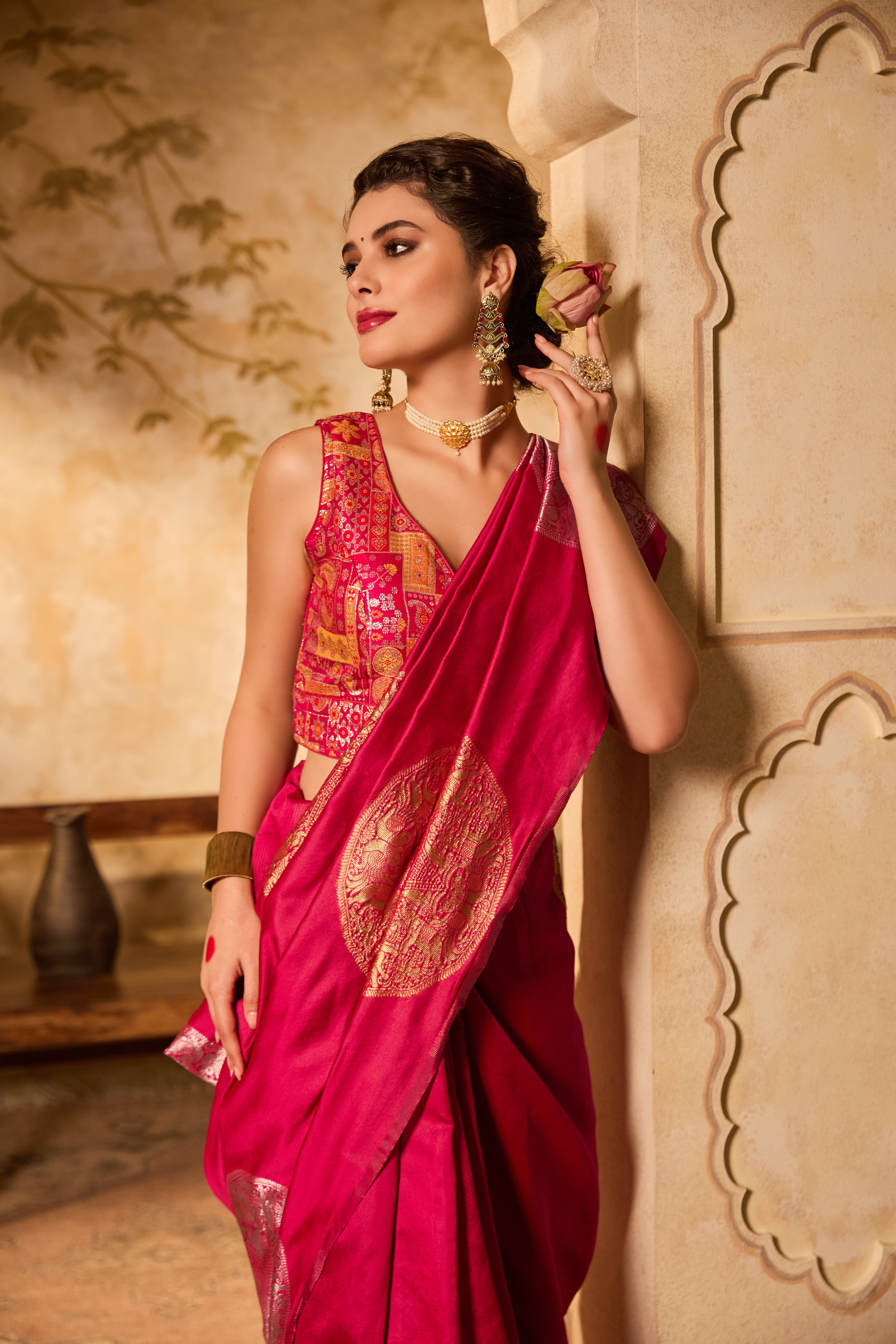 Magenta Banarasi Silk Saree With Golden & Silver Zari Motifs