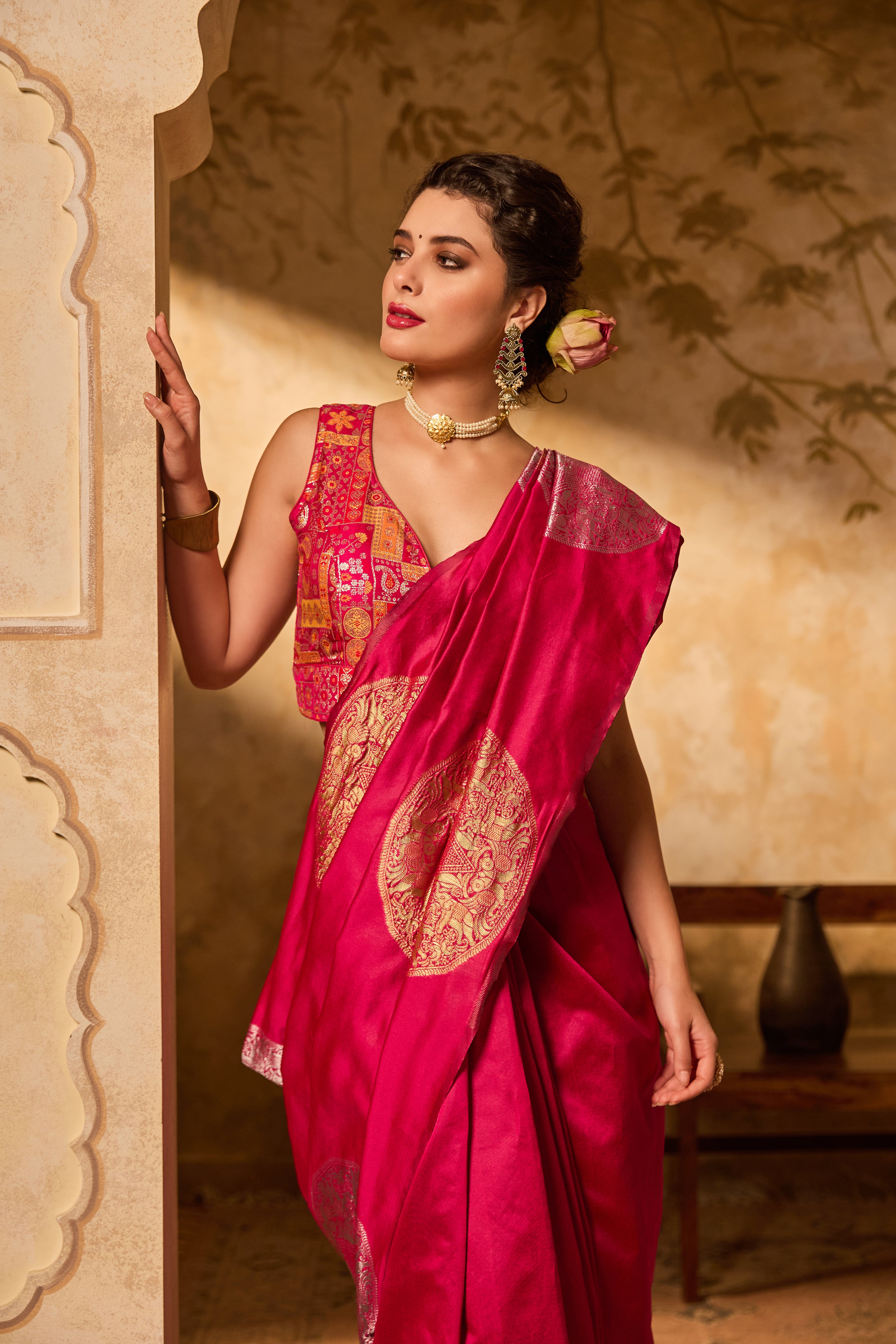 Magenta Banarasi Silk Saree With Golden & Silver Zari Motifs