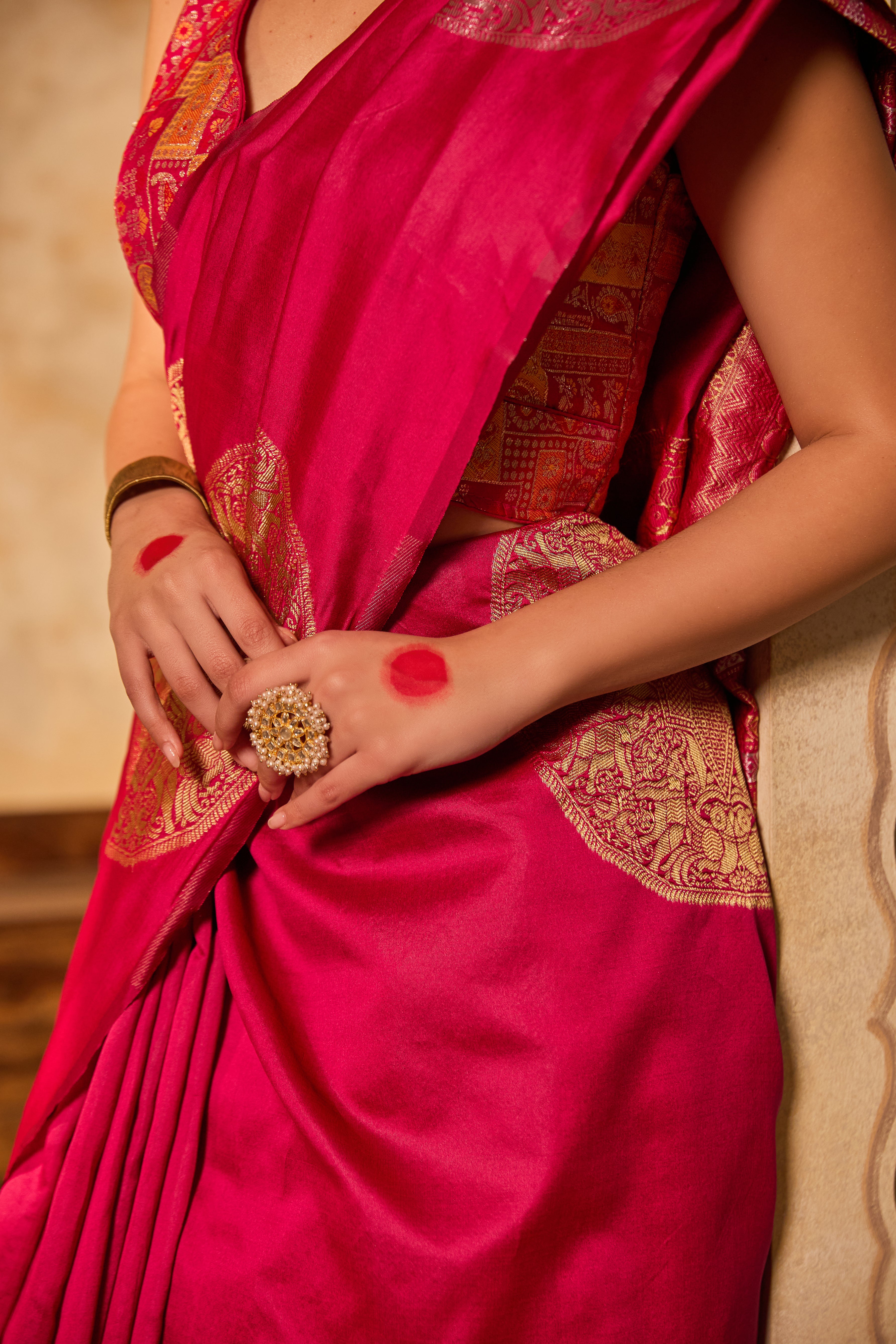 Magenta Banarasi Silk Saree With Golden & Silver Zari Motifs