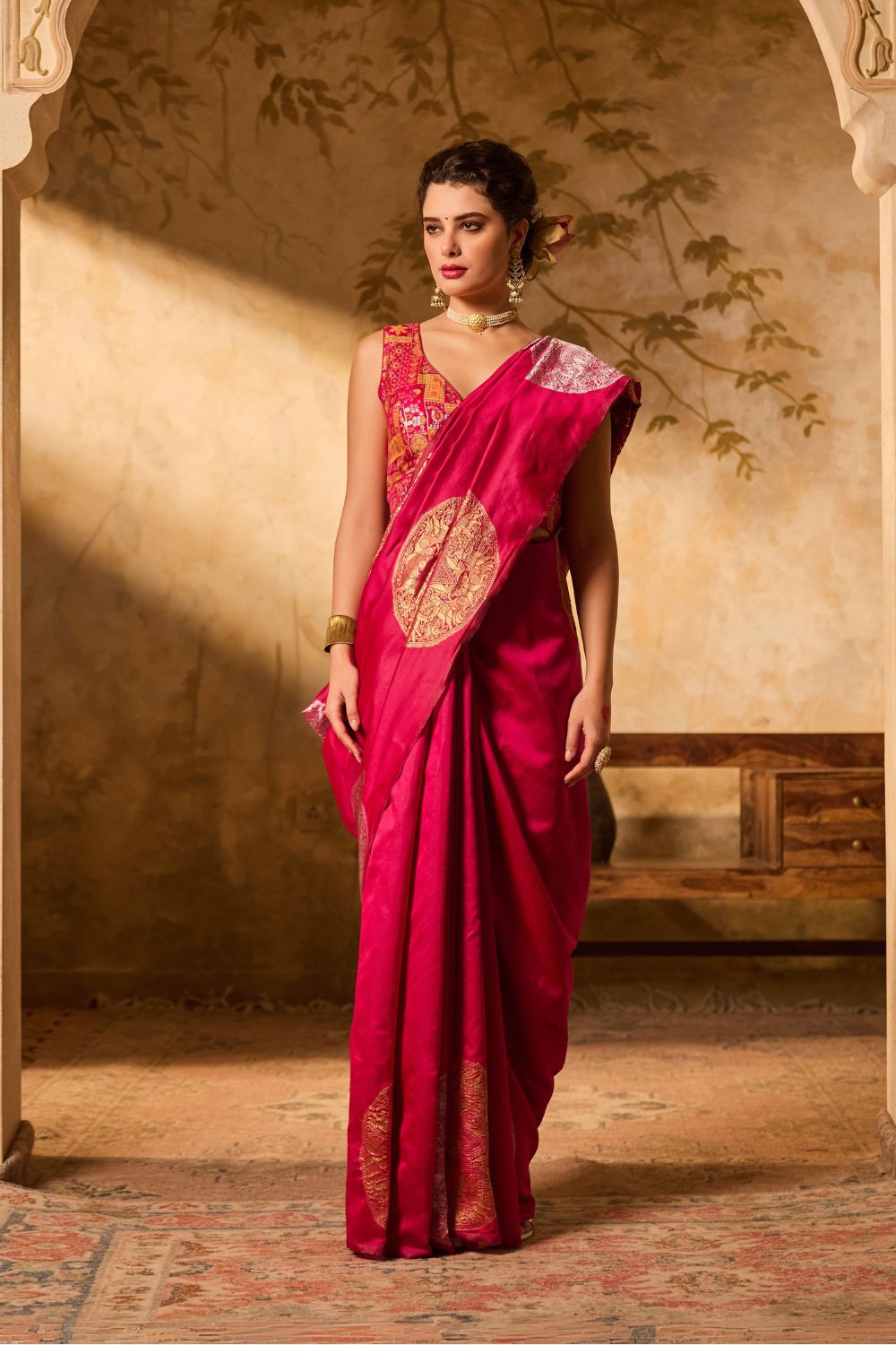 Magenta Banarasi Silk Saree With Golden & Silver Zari Motifs