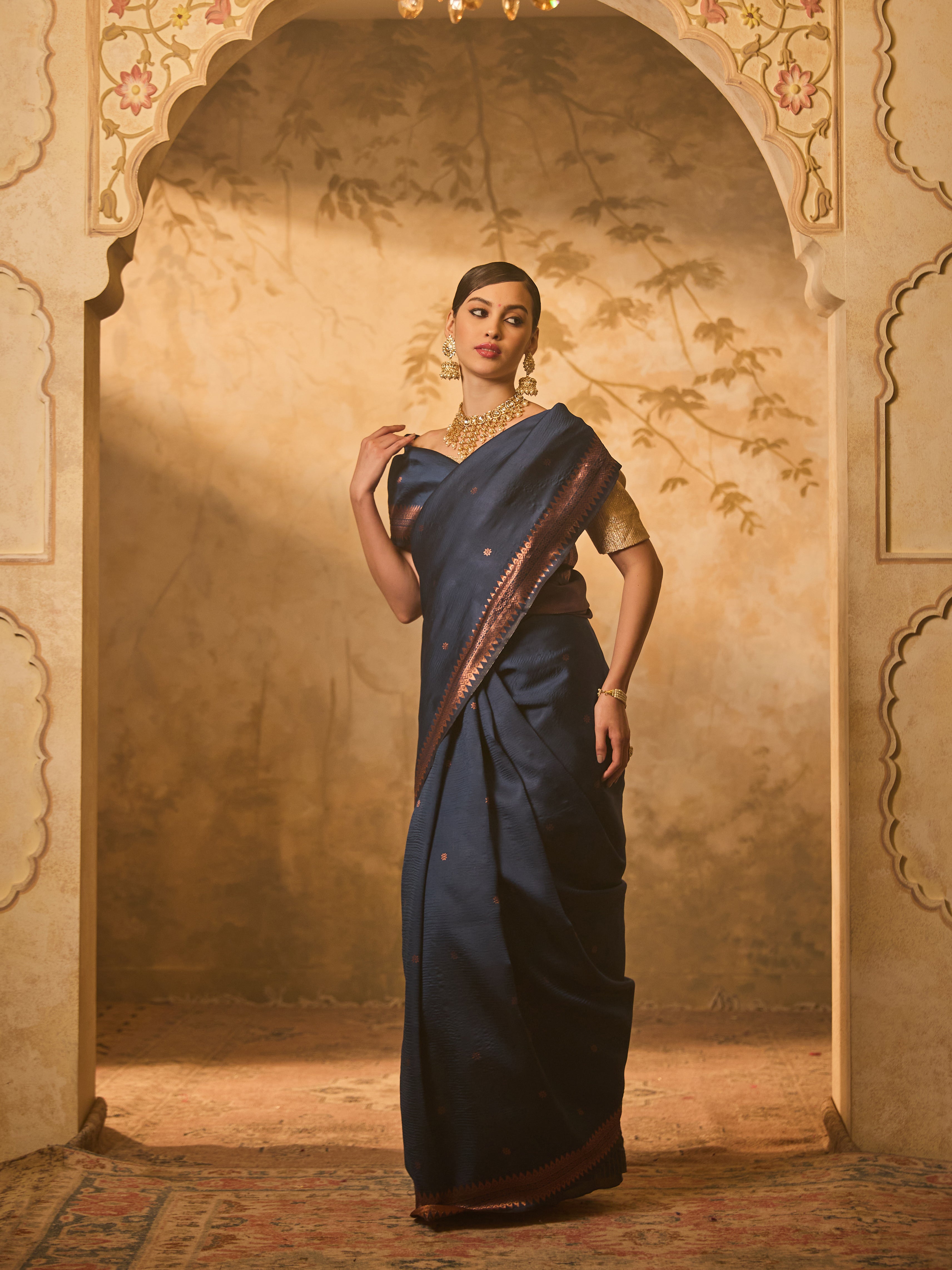 Navy Blue Kanjivaram Silk Saree With Copper Zari Work