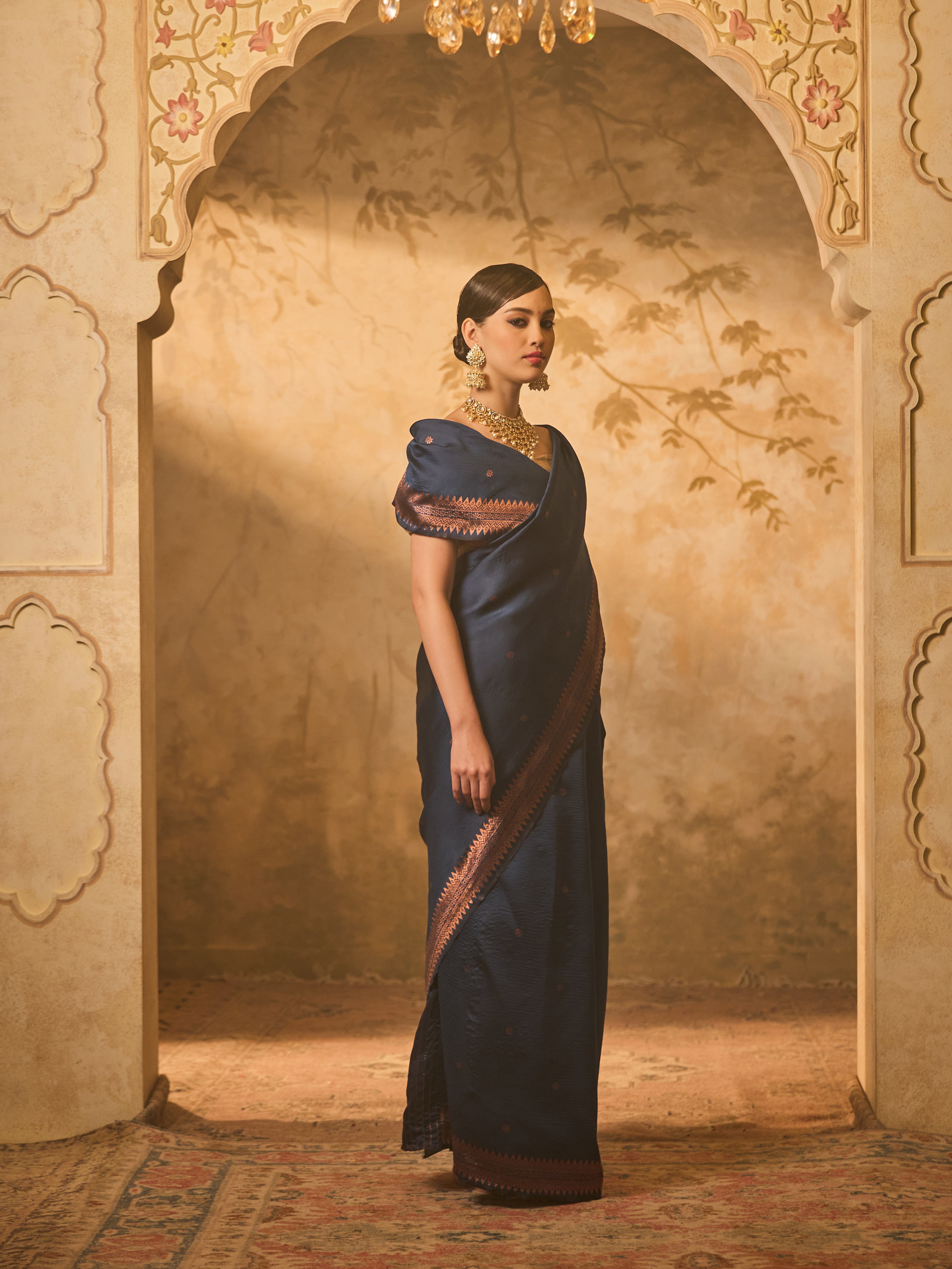 Navy Blue Kanjivaram Silk Saree With Copper Zari Work